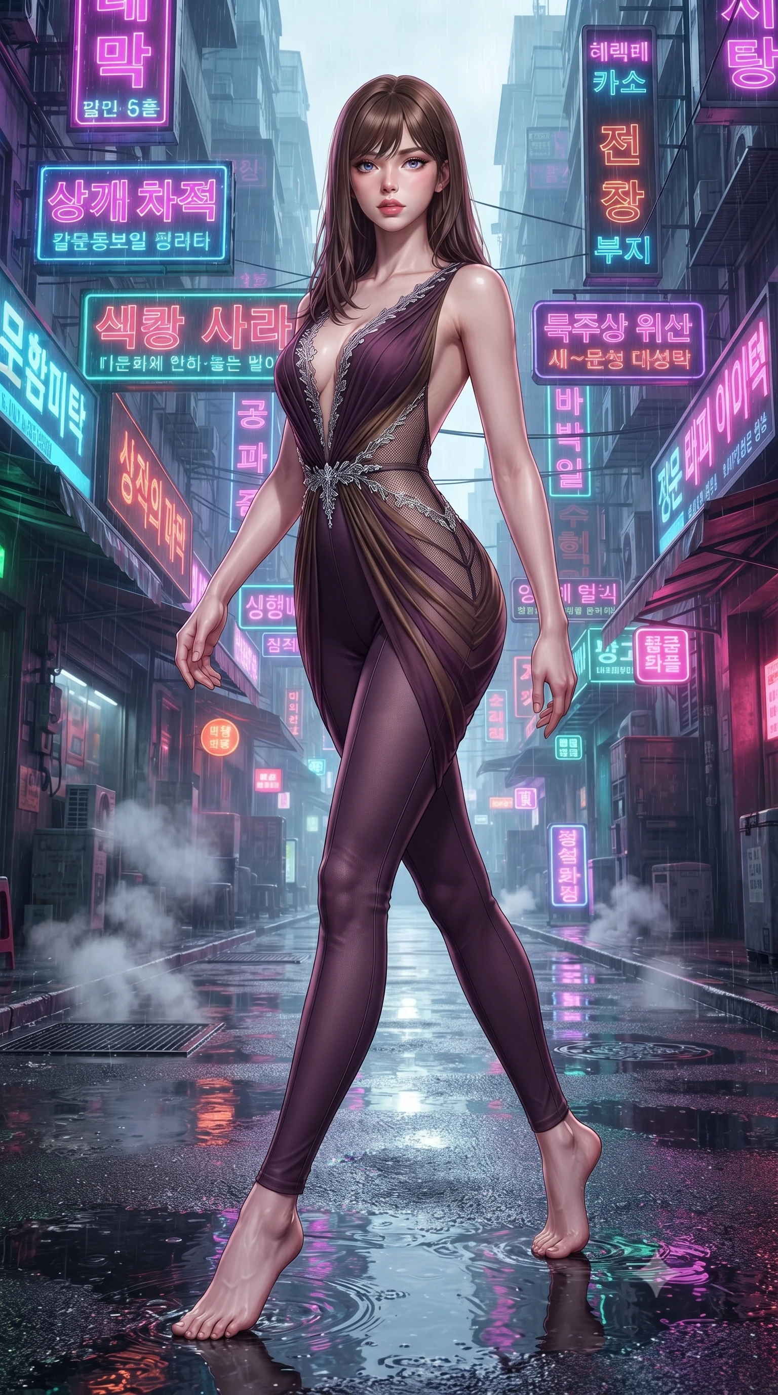 score_9, masterpiece, best quality, ultra-detailed, high-budget anime keyframe, editorial fashion photography, tasteful artistic composition, Korean woman. low angle full-body shot from head to toe showing her feet, filling the entire 9:16 vertical frame with her statuesque presence, stretching her vertical silhouette. striding forward in a proud supermodel runway stride, hips swaying in an alluring kinetic rhythm that accentuates her curvy hourglass silhouette while striding through the narrow rain-slicked cyber-canyon packed with cascading holographic neon banners, arching her back with sovereign supermodel poise as steam rises from street vents. The surrounding environment is rendered in vivid detail and crisp panoramic clarity. sharp chrome grating textures, wet asphalt puddle reflections, and neon glass filament clarity in deep focus. She has an exceptionally tall and slender model-like 8.5-heads proportion, an ultra-slim waist, a flat toned midriff, narrow delicate ribcage, and beautifully sculpted feminine hips creating a graceful, slim hourglass silhouette without any bulky heaviness, with impossibly long slender legs. sharp v-shaped jawline, high-bridge nose, intricate jewel-like eyes with depth, thick eyelashes, glossy parted lips with a natural sheen, intensely captivating and seductive bedroom-eyes expression, flawlessly proportioned anatomical accuracy, strict slender model proportions, natural body alignment, perfectly sculpted long slender limbs, ultra-slim waistline, clean dynamic posture without body distortion. wearing a second-skin compression catsuit with an open back and sheer mesh side waist contouring in deep plum violet and antique bronze, woven from layered gossamer chiffon with a weightless sweeping drape, finished with delicate crystal frost embroidery tracing the plunging neckline, the liquid-tight tailored fabric clinging flawlessly to her narrow waist and rounded feminine hips, emphasizing every millimeter of her sculpted slim hourglass curves without any bulky heaviness. illuminated by wet ground specular reflections accentuating her sculpted midriff, narrow waist, and curvy hips. ultra-reflective glossy finish, specular highlights, rich textural contrasts, high-contrast stereoscopic depth, volumetric dynamic lighting, 2k, ultra detail, master piece, 9:16 ratio