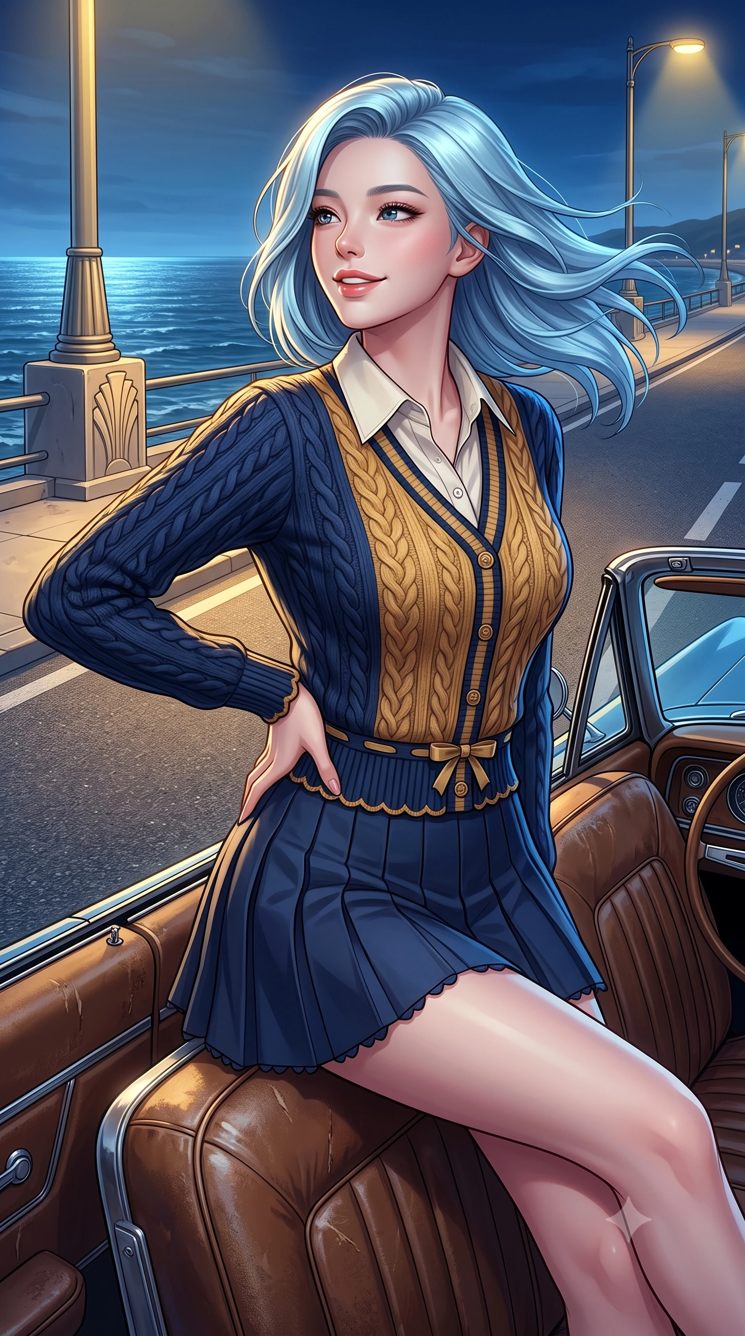 score_9, masterpiece, best quality, ultra-detailed, high-budget anime keyframe, semi-realistic 3D game render, editorial fashion photography, tasteful artistic composition, Korean woman. close-up cowboy shot from the waist and thighs up, the character dominates the composition, filling the frame with her large presence. smiling with subtle, enchanting allure and glossy parted lips, one hand resting on her waist with effortless supermodel poise while sitting on the leather seat of an open-top classic cruiser, head tilted back as ocean breeze tangles her hair. The surrounding environment is rendered in vivid detail and crisp panoramic clarity. detailed ocean water surface textures, art-deco lamp post reliefs, and asphalt grain in high resolution. She has an exceptionally elegant, slender, and willowy female figure with an ultra-slim waist, a gracefully sculpted slender torso, toned flat midriff, and a refined slim silhouette. sharp v-shaped jawline, high-bridge nose, intricate jewel-like eyes with depth, thick eyelashes, glossy lips with a natural sheen, captivating and magnetic expression, flawlessly proportioned anatomical accuracy, strict slender model proportions, natural body alignment, perfectly sculpted long slender limbs, ultra-slim waistline, clean dynamic posture without body distortion. wearing a preppy 80s varsity cardigan sweater layered over a crisp collared button-down shirt and a tennis pleated skirt in deep navy blue and vintage brass gold, knitted from soft cozy lambswool yarn with cable-knit textures, finished with a dainty waist ribbon bow and scalloped hemline trims, the form-contouring material adhering flawlessly to her sculpted flat midriff and slender torso, emphasizing her long leg lines and perfectly proportioned willowy build. bathed in warm yellow streetlamp illumination and cool blue midnight sky ambient fill. highly saturated vibrant anime colors, detailed shading with soft gradients, rich glossy textures, high-contrast stereoscopic depth, volumetric dynamic lighting, master piece, 9:16 ratio