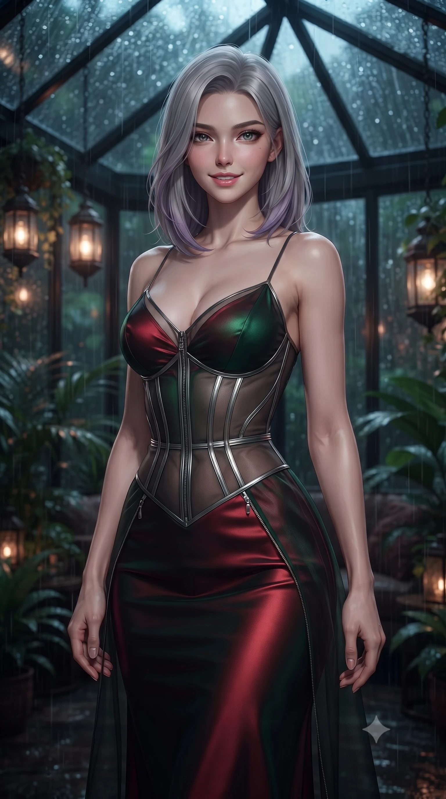 score_9, masterpiece, best quality, ultra-detailed, high-budget anime keyframe, editorial fashion photography, tasteful artistic composition, Caucasian woman. close-up cowboy shot from the waist and thighs up, the character dominates the composition, filling the frame with her large presence, background elements kept in soft focus. Smiling with quiet, magnetic self-assurance directly into the camera, inside a private greenhouse lounge at 2 AM as torrential rain hits the glass roof, cozy yet intensely alluring nocturnal greenhouse atmosphere. She has an exceptionally elegant, slender, and willowy female figure with an ultra-slim waist, a gracefully sculpted slender torso, and a refined silhouette. sharp v-shaped jawline, high-bridge nose, intricate jewel-like eyes with depth, thick eyelashes, glossy lips with a natural sheen. wearing form-contouring dark crimson liquid silk long slip dress in deep emerald green, made of sheer dark organza overlay, finished with metallic silver boning and sleek zipper points, accentuating her gracefully sculpted slender torso. surrounded by a moody nocturnal glow with sharp specular water glints. ultra-reflective glossy finish, specular highlights, metallic sheen, high-contrast stereoscopic depth, volumetric dynamic lighting, 2k, ultra detail, master piece, 9:16 ratio