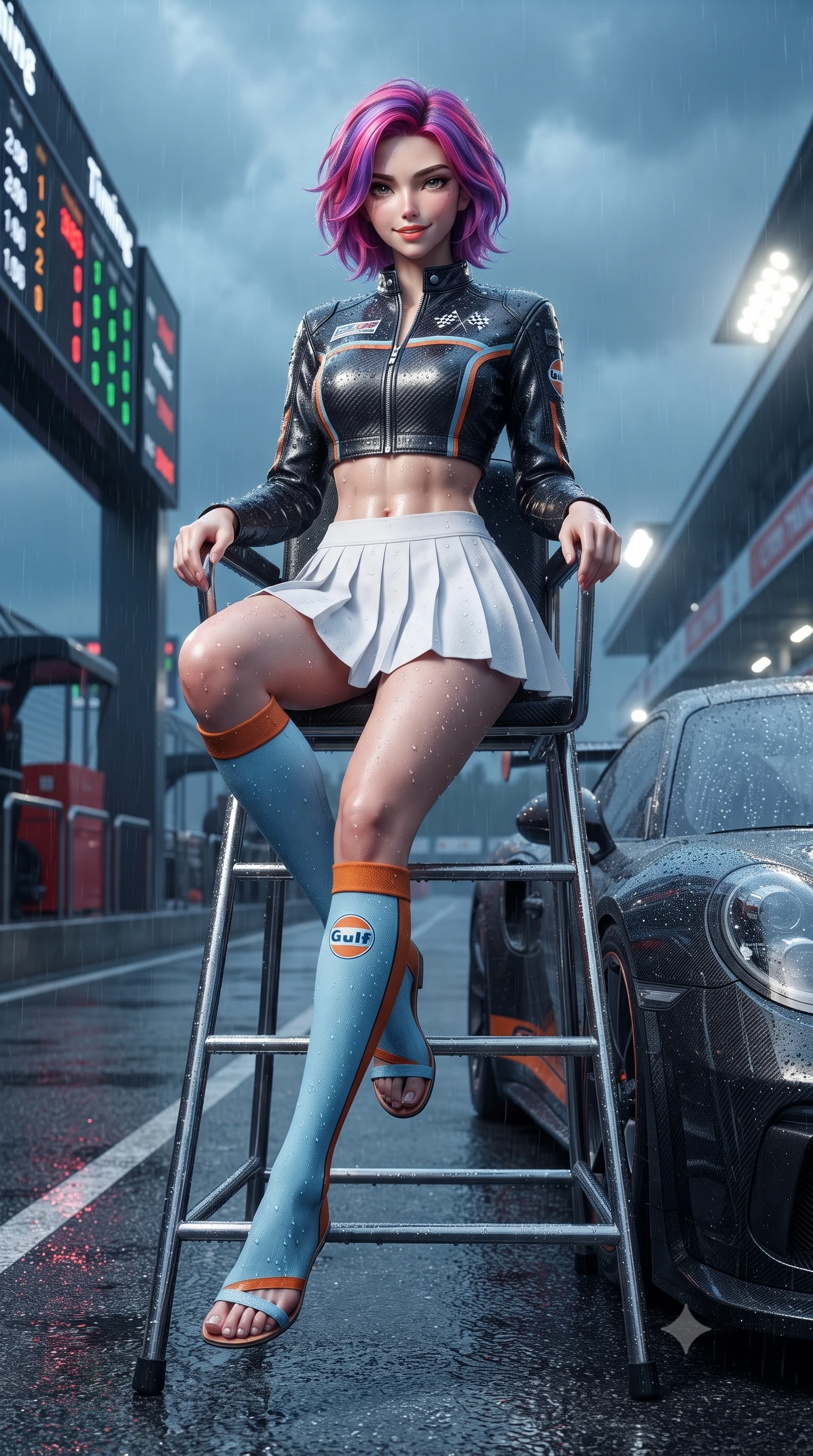 score_9, masterpiece, best quality, ultra-detailed, high-budget anime keyframe, editorial fashion photography, tasteful artistic composition, Caucasian woman. low angle full-body shot from head to toe showing her feet, filling the entire 9:16 vertical frame with her statuesque presence, stretching her vertical silhouette. sitting perched on the elevated umpire chair with legs crossed and hips angled toward the camera, displaying her toned midriff and long slender limbs with joyful, coquettish charm while twisting her slender torso in an alluring S-curve beside an idling turbocharged supercar, rain droplets glistening along her suit and hips. The surrounding environment is rendered in vivid detail and crisp panoramic clarity: sharp rain droplet beads on carbon fiber panels, wet tarmac specular highlights, and pit wall electronic timing boards in deep focus. She has an absolutely perfect, statuesque 8.5-heads proportion, an exceptionally tall and slender model-like female figure with impossibly long slender legs, an ultra-slim waist, a flat toned midriff, narrow delicate ribcage, and beautifully sculpted feminine hips creating a graceful, slim hourglass silhouette without any bulky heaviness. sharp v-shaped jawline, high-bridge nose, sparkling eyes with athletic focus and depth, thick curled eyelashes, glossy parted lips with a natural coral-peach sheen, bright confident and coquettish smile with alluring bedroom-eyes, exuding both youthful sporty vigor and sovereign high-society glamour, flawlessly proportioned anatomical accuracy, strict slender model proportions, natural body alignment, perfectly sculpted long slender limbs, ultra-slim waistline, clean dynamic posture without body distortion. wearing a cropped zip-front racing leather bolero jacket paired with a micro-pleated white tennis mini-skirt and thigh-high sports socks in vintage Porsche Gulf blue and vibrant race orange, tailored from lightweight aerodynamic carbon-fiber composite with structured weave, finished with contrasting racing stripe tape and subtle checkered flag embroidery, the high-waisted wrap tailoring accentuating her ultra-slim waistline and the enchanting curve of her feminine hips with alluring sporty charm. bathed in moody wet-race daylight contrasting with bright pit garage halogen floodlights. ultra-reflective glossy finish, specular highlights, rich textural contrasts, high-contrast stereoscopic depth, volumetric dynamic lighting, 2k, ultra detail, master piece, 9:16 ratio