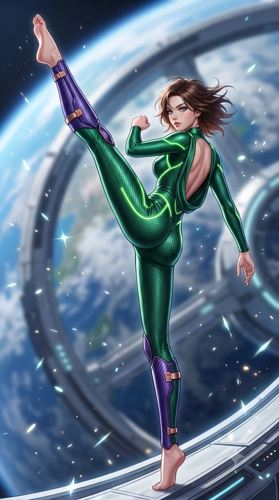 score_9, masterpiece, best quality, ultra-detailed, high-budget anime keyframe, semi-realistic 3D game render, editorial fashion photography, tasteful artistic composition, Korean woman. low angle full-body shot from head to toe showing her feet, fil