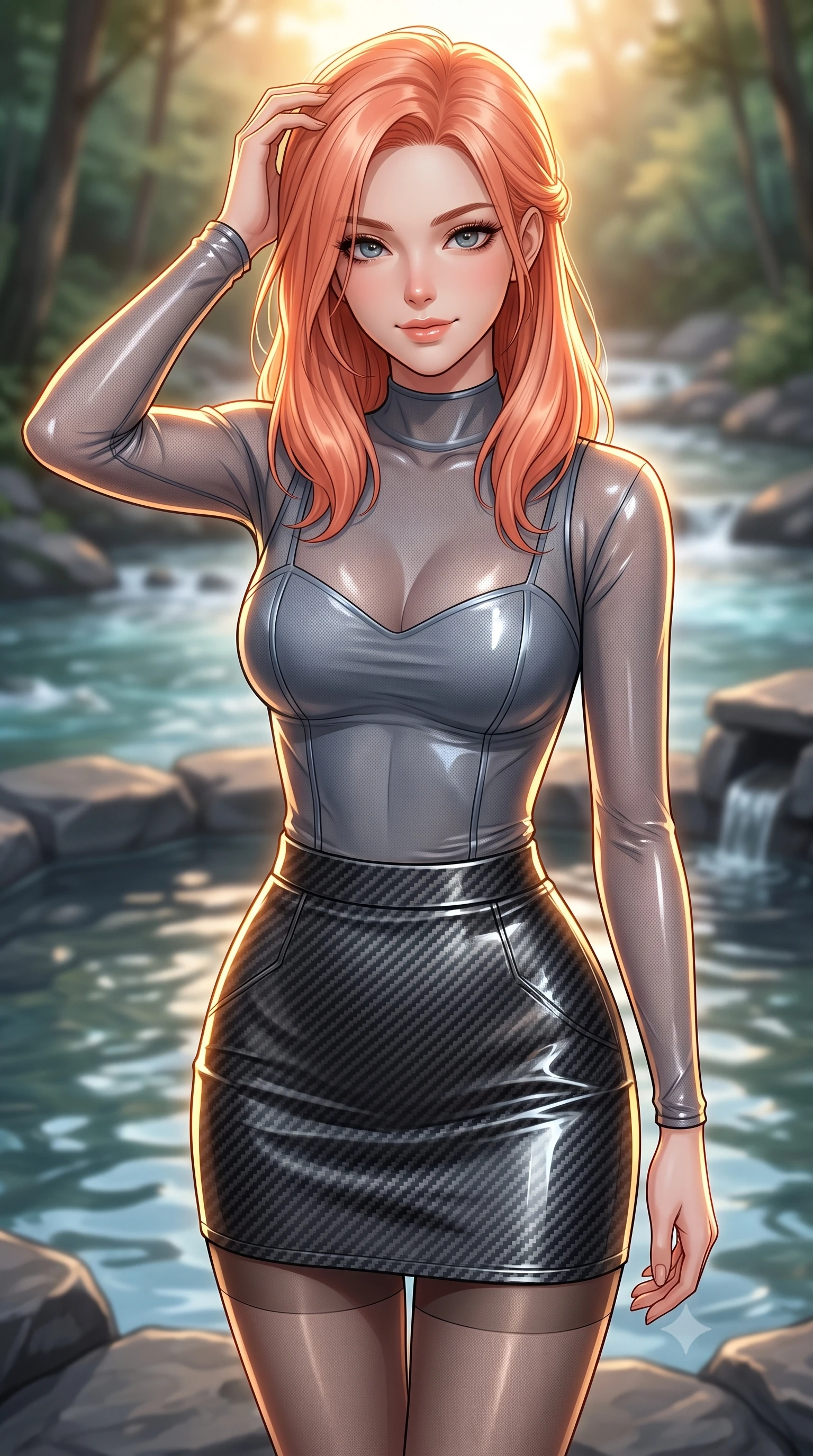score_9, masterpiece, best quality, ultra-detailed, high-budget anime keyframe, editorial fashion photography, tasteful artistic composition, Japanese woman. close-up cowboy shot from the waist and thighs up, the character dominates the composition, filling the frame with her large presence, background elements kept in soft focus. slowly running a hand through her hair, smiling with quiet, magnetic self-assurance directly into the camera, the background shows a soft-focus an outdoor basalt bath pool next to a forest stream with clear water. She has an exceptionally elegant, slender, and willowy female figure with an ultra-slim waist, a gracefully sculpted slender torso, and a refined silhouette. sharp v-shaped jawline, high-bridge nose, intricate jewel-like eyes with depth, thick eyelashes, glossy lips with a natural sheen. wearing a form-contouring semi-transparent mesh top in slate grey, paired with a carbon-fiber mini skirt and sheer stockings. brilliant golden hour sunset tracing her carbon-armor silhouette with a rim. ultra-reflective glossy finish, specular highlights, metallic sheen, high-contrast stereoscopic depth, volumetric dynamic lighting, 2k, ultra detail, master piece, 9:16 ratio