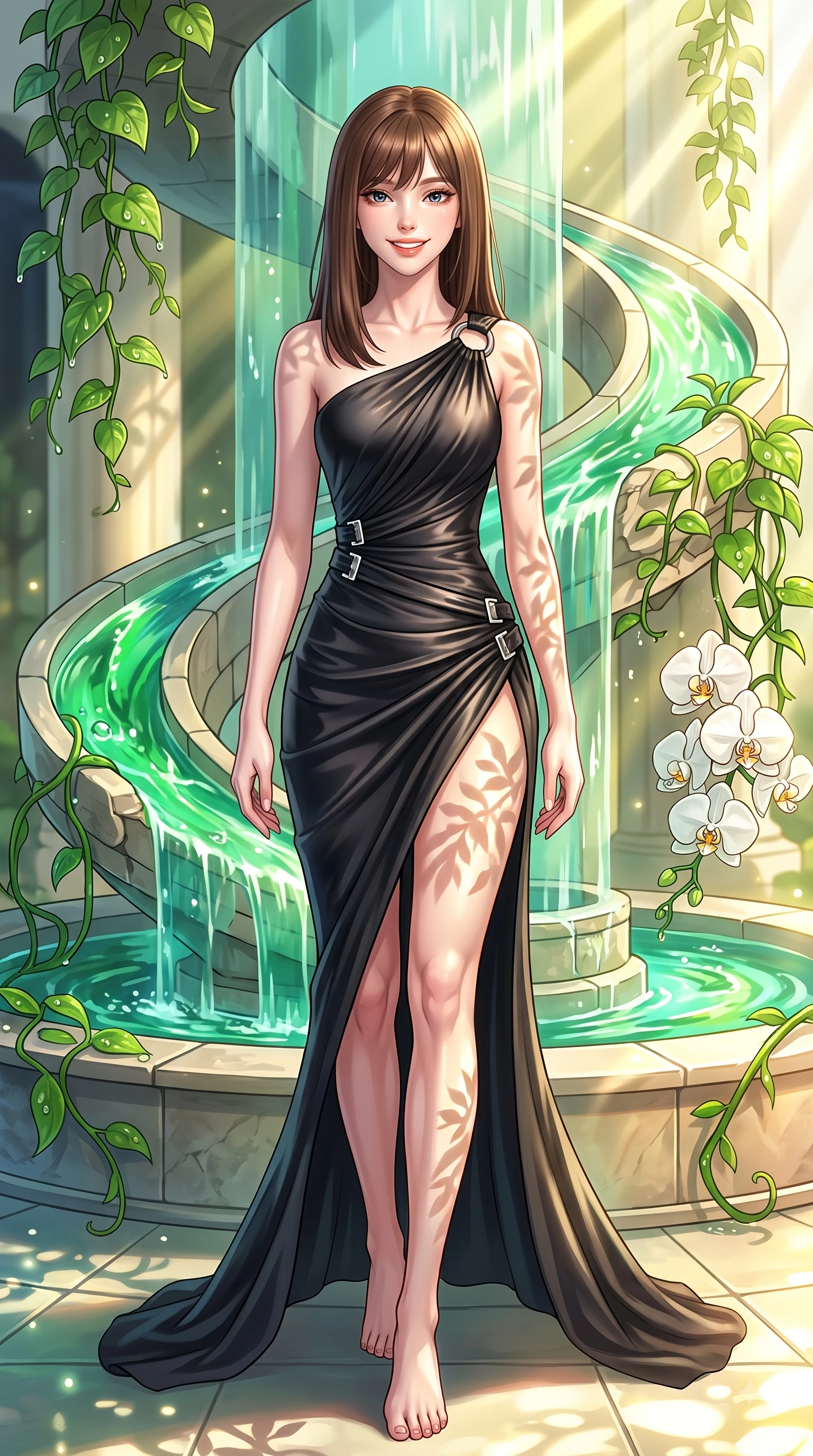 score_9, masterpiece, best quality, ultra-detailed, high-budget anime keyframe, editorial fashion photography, tasteful artistic composition, Korean woman. low angle full-body shot from head to toe showing her feet, filling the entire 9:16 vertical frame with her statuesque presence, stretching her vertical silhouette. stepping forward in a proud dynamic stride with a cheerful beaming smile, her vertical silhouette filling the frame while pivoting dynamically beside a hydro-flow spiral fountain flowing with bright emerald sap, dewdrops on lush green vines and white orchids reflecting radiant gold and emerald. She has an absolutely perfect, statuesque 8.5-heads proportion, an exceptionally tall and slender model-like female figure with impossibly long slender legs and an ultra-slim waist. sharp v-shaped jawline, high-bridge nose, intricate jewel-like eyes with depth, thick eyelashes, glossy lips with a natural sheen, flawlessly proportioned anatomical accuracy, natural body alignment, perfectly sculpted elegant limbs, clean dynamic posture without body distortion. wearing an asymmetrical Grecian draped chiffon gown with a metallic shoulder ring in matte black and polished silver, crafted from lustrous satin jersey with fluid draping, detailed with polished silver buckles along the waistline, the tailored fabric tightly following every curve of her athletic build. illuminated by brilliant sunbeams casting cheerful organic leaf stencil shadows. highly saturated vibrant anime colors, detailed shading with soft gradients, rich glossy textures, high-contrast stereoscopic depth, volumetric dynamic lighting, master piece, 9:16 ratio