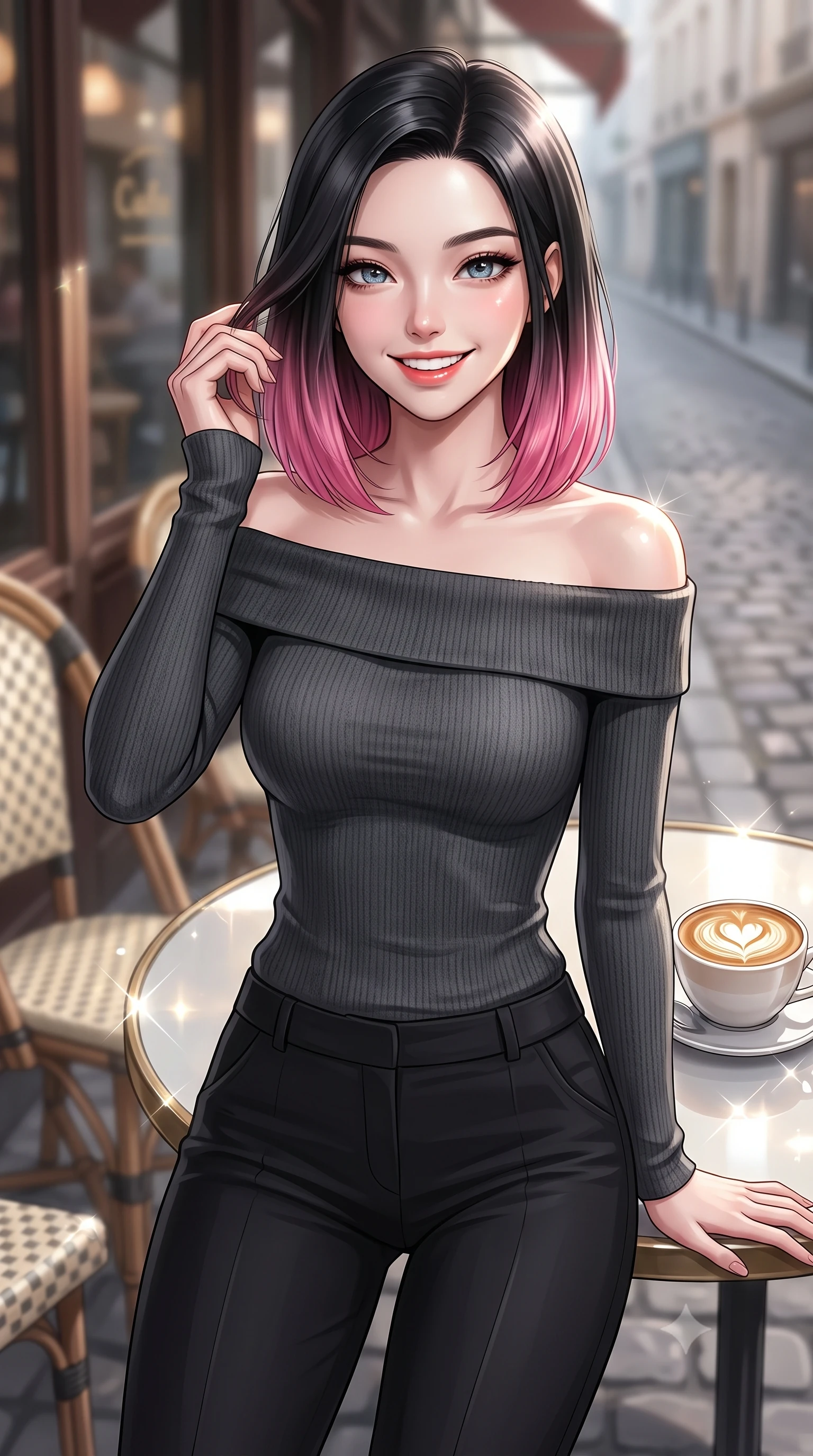 score_9, masterpiece, best quality, ultra-detailed, high-budget anime keyframe, editorial fashion photography, tasteful artistic composition, Korean woman. close-up cowboy shot from the waist and thighs up, the character dominates the composition, filling the frame with her large presence, background elements kept in soft focus. flashing an intoxicating, sunny grin while brushing a strand of hair away from her face set against a soft-focus background of at a vintage Parisian-style cafe corner next to a quiet cobblestone street with a warm cup of cafe latte with heart-shaped foam art on the table. She has an exceptionally elegant, slender, and willowy female figure with an ultra-slim waist, a gracefully sculpted slender torso, and a refined silhouette. sharp v-shaped jawline, high-bridge nose, intricate jewel-like eyes with depth, thick eyelashes, glossy lips with a natural sheen. wearing form-contouring body-hugging off-shoulder knit top in charcoal, paired with tailored slim pants. bright daylight reflecting off the glass table and creating sparkling glints. ultra-reflective glossy finish, specular highlights, metallic sheen, high-contrast stereoscopic depth, volumetric dynamic lighting, 2k, ultra detail, master piece, 9:16 ratio