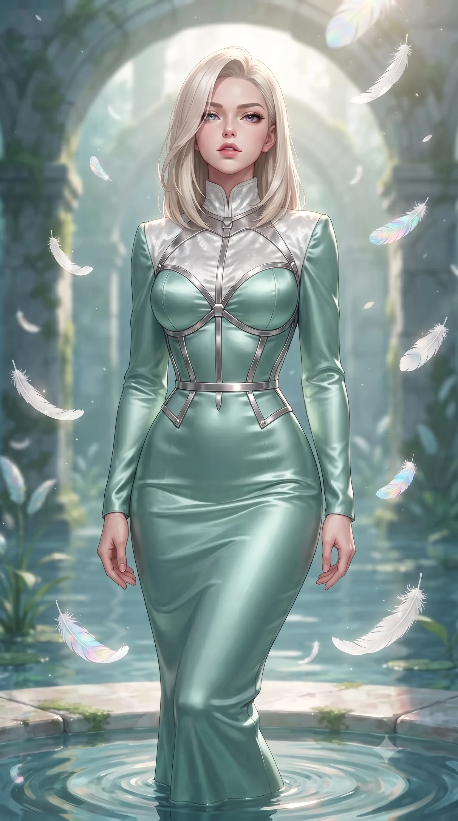 score_9, masterpiece, best quality, ultra-detailed, high-budget anime keyframe, editorial fashion photography, tasteful artistic composition, Caucasian woman. close-up cowboy shot from the waist and thighs up, the character dominates the composition, filling the frame with her large presence, background elements kept in soft focus. Tilting her chin up slightly with lips parted in a composed, magnetic expression, navigating a serene water sanctuary as white swan feathers hover in zero-gravity, iridescent opal feathers floating gracefully in the air catching morning light. She has an exceptionally elegant, slender, and willowy female figure with an ultra-slim waist, a gracefully sculpted slender torso, and a refined silhouette. sharp v-shaped jawline, high-bridge nose, intricate jewel-like eyes with depth, thick eyelashes, glossy lips with a natural sheen. wearing long-sleeved seafoam green satin gown with high structured collar in pearl white, made of crushed white silk velvet, highlighted by a platinum metallic harness structure, contouring every curve with an exceptionally elegant silhouette. lit by clear sun-drenched light casting gentle morning shadows. highly saturated vibrant anime colors, detailed shading with soft gradients, rich glossy textures, high-contrast stereoscopic depth, volumetric dynamic lighting, master piece, 9:16 ratio