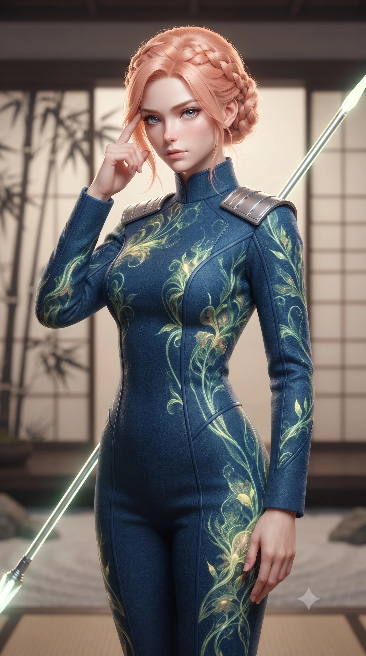 score_9, masterpiece, best quality, ultra-detailed, high-budget anime keyframe, editorial fashion photography, tasteful artistic composition, Japanese woman. close-up cowboy shot from the waist and thighs up, the character dominates the composition, filling the frame with her large presence, background elements kept in soft focus. pressing two fingers to her temple while holding a light-spear diagonally behind her in a composed thoughtful gesture, the background shows a soft-focus a rock garden temple with paper screens showing a silhouette of bamboo. She has an exceptionally elegant, slender, and willowy female figure with an ultra-slim waist, a gracefully sculpted slender torso, and a refined silhouette. sharp v-shaped jawline, high-bridge nose, intricate jewel-like eyes with depth, thick eyelashes, glossy lips with a natural sheen. wearing a form-contouring modern high-collar space marine dress uniform in deep blue wool, featuring structured silver shoulder ranks. soft green and yellow digital plant light wrapping her form in an organic glow. ultra-reflective glossy finish, specular highlights, metallic sheen, high-contrast stereoscopic depth, volumetric dynamic lighting, 2k, ultra detail, master piece, 9:16 ratio