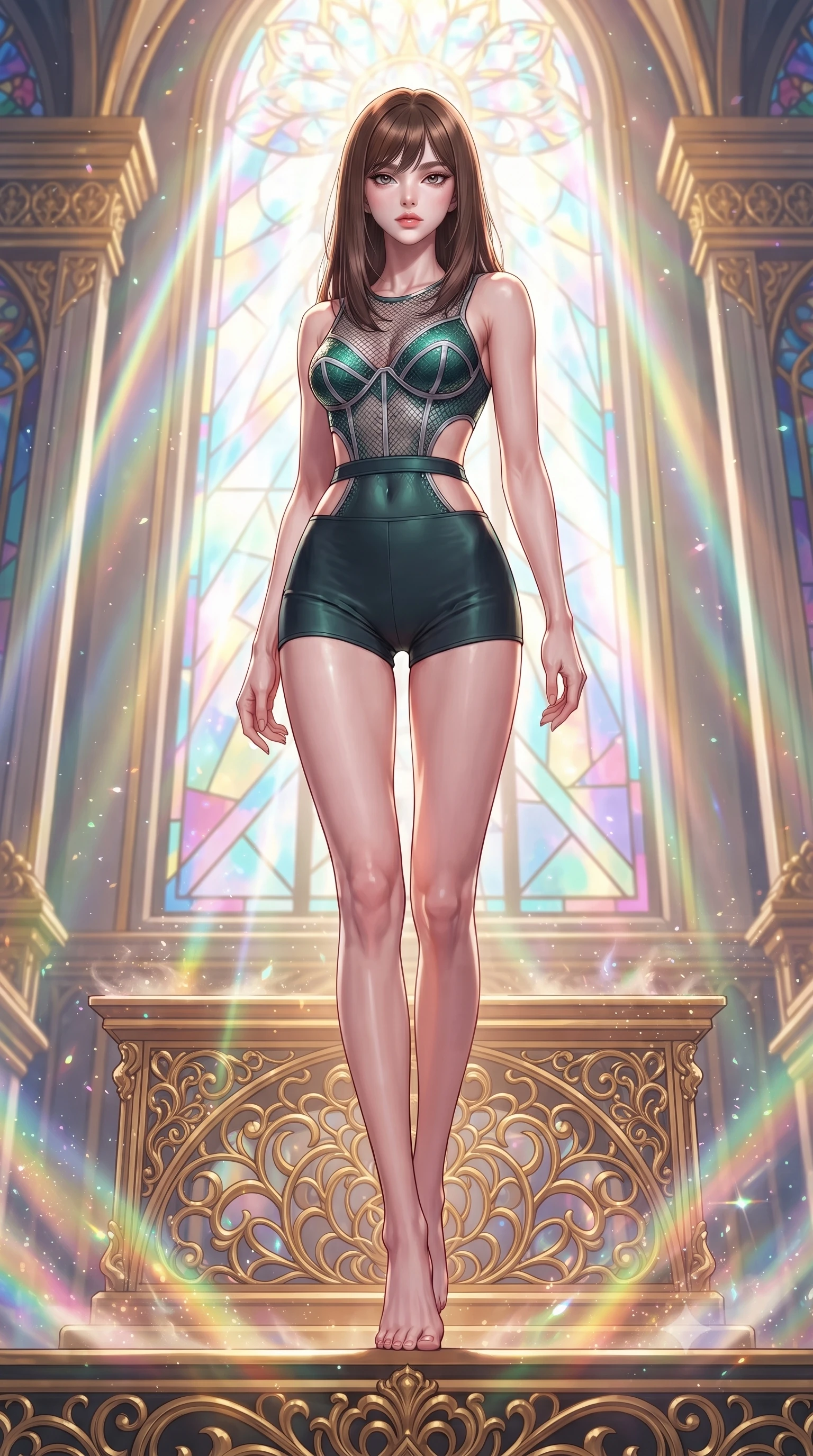 score_9, masterpiece, best quality, ultra-detailed, high-budget anime keyframe, editorial fashion photography, tasteful artistic composition, Korean woman. low angle full-body shot from head to toe showing her feet, filling the entire 9:16 vertical frame with her statuesque presence, stretching her vertical silhouette. forging dynamically through the scene, her vertical silhouette beautifully stretched poised on a golden filigree altar surrounded by glowing incense vapors, floating glass dust and incense smoke scattering colorful light beams. She has an absolutely perfect, statuesque 8.5-heads proportion, an exceptionally tall and slender model-like female figure with impossibly long slender legs and an ultra-slim waist. sharp v-shaped jawline, high-bridge nose, intricate jewel-like eyes with depth, thick eyelashes, glossy lips with a natural sheen. wearing a delicate see-through mesh top with structured cup boning and micro-shorts in deep emerald green and silver accent, formed from sleek second-skin neoprene, featuring clean architectural cutouts along her slender torso, the elegant draped fit framing her graceful clavicle and slender torso. bathed in cascading rainbow prismatic light refracting through stained glass. highly saturated vibrant anime colors, detailed shading with soft gradients, rich glossy textures, high-contrast stereoscopic depth, volumetric dynamic lighting, master piece, 9:16 ratio