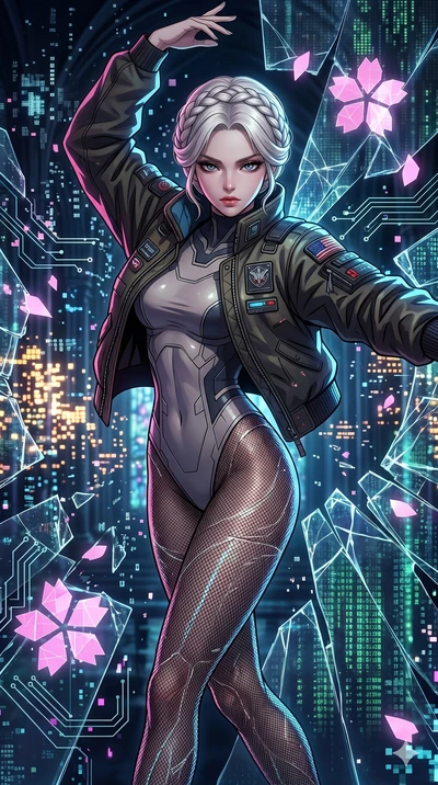 score_9, masterpiece, best quality, ultra-detailed, Set A: High-budget Anime Keyframe, Korean woman. Upper body close-up from the thighs up, character filling the screen for maximum presence. Dancing through a shattered glass cathedral, while a digit
