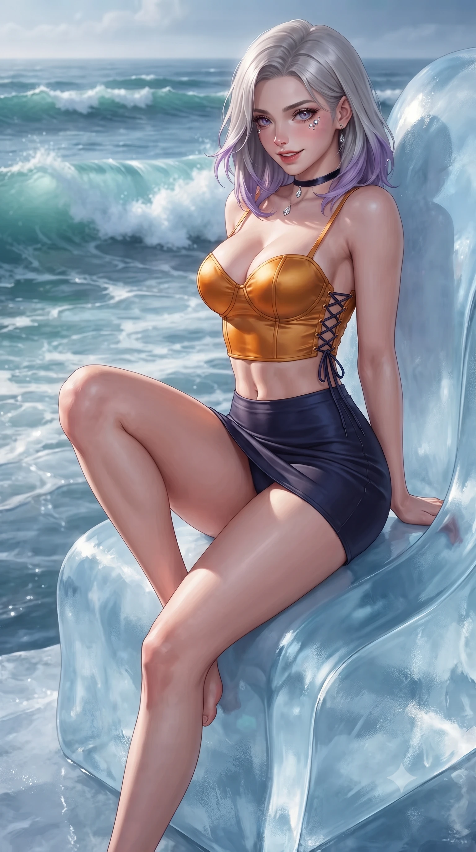 score_9, masterpiece, best quality, ultra-detailed, high-budget anime keyframe, editorial fashion photography, tasteful artistic composition, Caucasian woman. close-up cowboy shot from the waist and thighs up, the character dominates the composition, filling the frame with her large presence. perched sideways on the lounge seat, one knee drawn up to showcase her slender leg line while her arched back accentuates her feminine hip curve while leaning against the smooth glacial ice sculpture with hips cocked back, looking over rolling ocean breakers with smoldering bedroom-eyes. The surrounding environment is rendered in vivid detail and crisp panoramic clarity: detailed outfit silhouette, fabric cling or tailoring, and Arctic natural wonders in razor-sharp precision. She has an exceptionally elegant, slender, and willowy female figure with an ultra-slim waist, flat toned midriff, narrow ribcage, and sculpted feminine hips creating an alluring, slim hourglass silhouette without bulk. sharp v-shaped jawline, high-bridge nose, intricate jewel-like sparkling eyes with depth, thick eyelashes, glossy parted lips with a natural peach sheen, bright cheerful beaming smile with an enchanting and coquettish sensual glint, exuding both youthful cute charm and seductive allure, flawlessly proportioned anatomical accuracy, strict slender model proportions, natural body alignment, perfectly sculpted long slender limbs, ultra-slim waistline, clean dynamic posture without body distortion. wearing a sculpted satin underwire crop bustier with lace-up side ties paired with a micro skirt in Seville orange blossom gold and midnight moorish indigo, made of fluid liquid jersey with seamless sculpting hold and smooth contours, finished with a thin velvet ribbon choker and a single teardrop diamond pendant, the impeccably tailored cut draping gracefully along her slender figure with aristocratic poise. illuminated by ice crystal specular refraction and sharp diamond-silver rim lights defining her dewy collarbones, ultra-slim waist, and curvy hips. ultra-reflective glossy finish, specular highlights, rich textural contrasts, high-contrast stereoscopic depth, volumetric dynamic lighting, 2k, ultra detail, master piece, 9:16 ratio