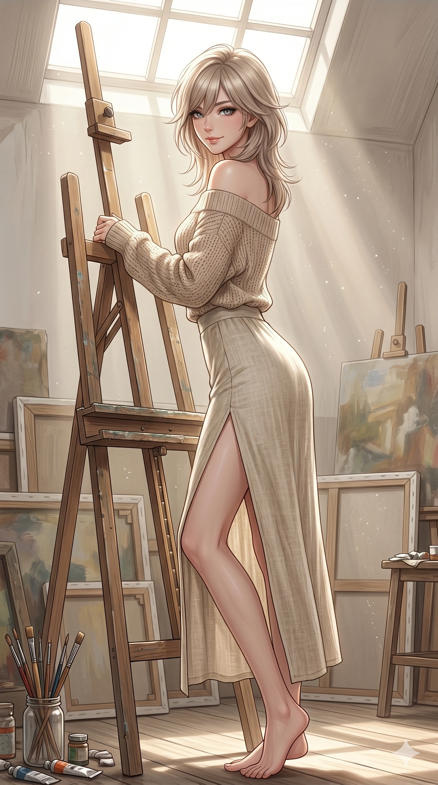 score_9, masterpiece, best quality, ultra-detailed, high-budget anime keyframe, editorial fashion photography, tasteful artistic composition, Japanese woman. cowboy shot from the thighs up, character and outfit filling the frame for maximum editorial presence. leaning against an easel, looking over her shoulder with a magnetic, teasing half-smile inside a quiet, sun-washed art studio with oil canvases (Code-P16-080). She has an absolutely perfect 8-heads proportion, an exceptionally tall and slender female figure with impossibly long slender legs and an ultra-slim waist. V-shaped jawline, high-bridge nose, intricate jewel-like eyes with depth, thick eyelashes, glossy lips with a natural sheen. wearing a beige off-shoulder top showing her elegant clavicle, paired with a split linen skirt. drenched in soft morning sunbeams flowing from a high window, creating a serene mood. 2k, ultra detail, master piece, 9:16 ratio