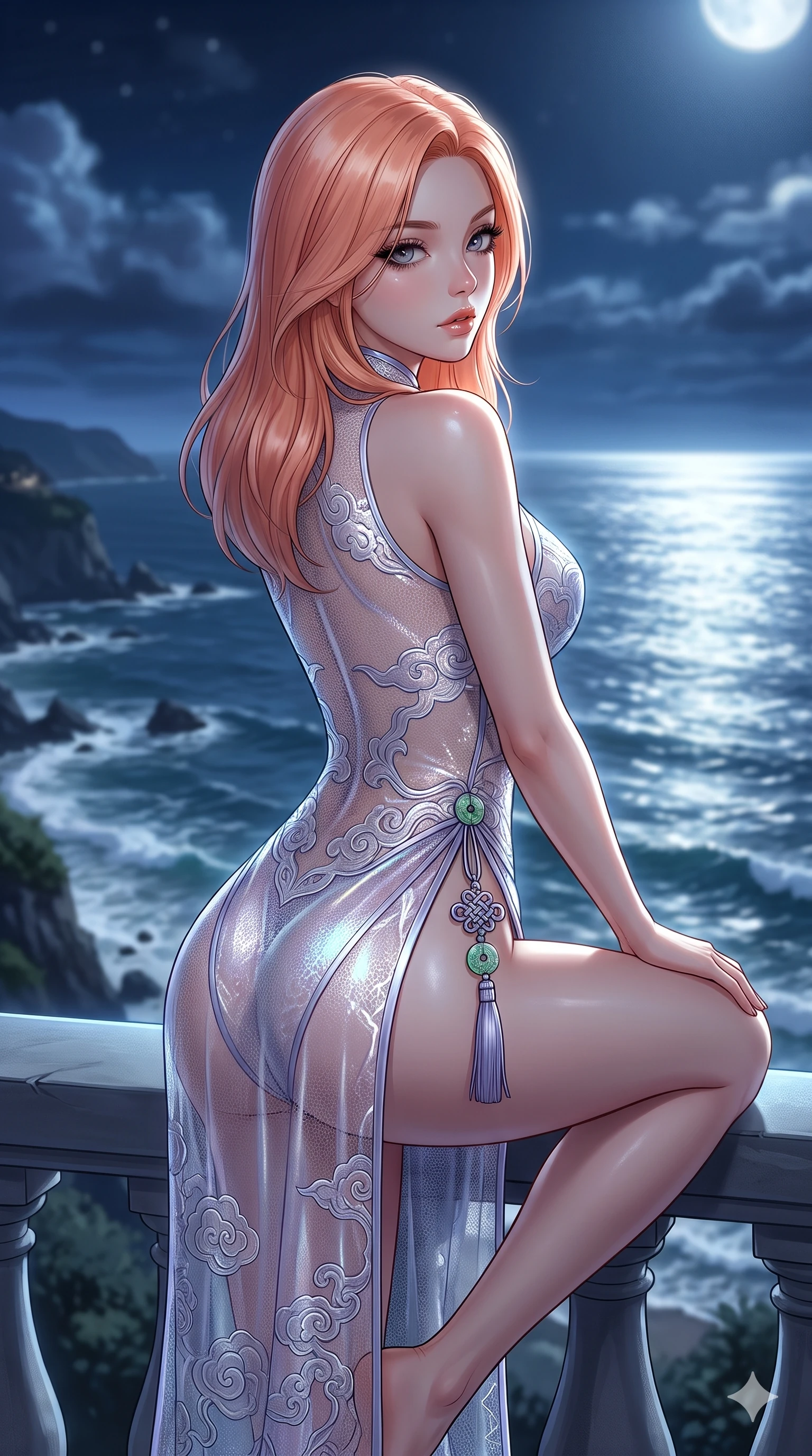 score_9, masterpiece, best quality, ultra-detailed, high-budget anime keyframe, editorial fashion photography, tasteful artistic composition, Japanese woman. close-up cowboy shot from the waist and thighs up, the character dominates the composition, filling the frame with her large presence. posing in an alluring rear three-quarter angle, looking over a bare shoulder with parted glossy lips, her hips cocked back to highlight her slim hourglass curve while perched sideways on the balcony balustrade, one knee drawn up to showcase her slender leg line while her arched back accentuates her feminine curves. The background shows a soft-focus churning ocean waters hundreds of feet below, distant coastal headlands, and night clouds blurred into sapphire, silver, and obsidian bokeh. She has an exceptionally elegant, slender, and willowy female figure with an ultra-slim waist, flat toned midriff, narrow ribcage, and sculpted feminine hips creating an alluring, slim hourglass silhouette without bulk. sharp v-shaped jawline, high-bridge nose, sparkling eyes with hypnotic seductive depth, thick curled eyelashes, glossy parted lips with a natural dewy peach sheen, alluring bedroom-eyes with an enchanting coquettish smile, exuding magnetic siren charisma and sophisticated glamour, flawlessly proportioned anatomical accuracy, strict slender model proportions, natural body alignment, perfectly sculpted long slender limbs, ultra-slim waistline, clean dynamic posture without body distortion. wearing a provocative sheer-illusion nanotech lace bodysuit with traditional cloud embroidery flocking and high-cut leg openings in iridescent mother-of-pearl and misty lavender, made of delicate semi-sheer nanotech mesh with airy hexagonal open-weaves, finished with authentic carved jade pendants and traditional norigae knots, the high-slit wrap tailoring accentuating her ultra-slim waistline and the enchanting curve of her feminine hips with alluring seductive charm. bathed in high-intensity silver moonlight reflecting off open ocean waters. ultra-reflective glossy finish, specular highlights, rich textural contrasts, high-contrast stereoscopic depth, volumetric dynamic lighting, 2k, ultra detail, master piece, 9:16 ratio