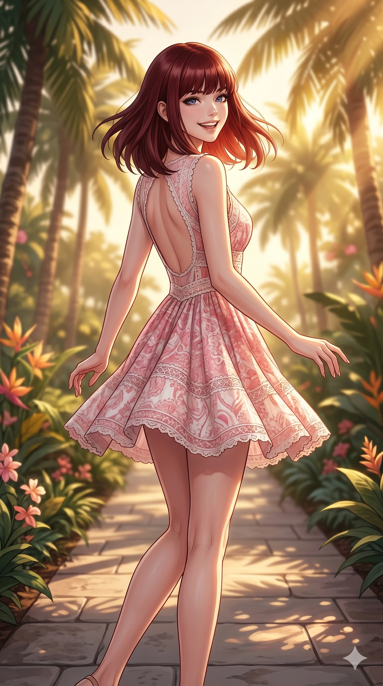 score_9, masterpiece, best quality, ultra-detailed, high-budget anime keyframe, editorial fashion photography, tasteful artistic composition, Caucasian woman, strictly human ears. cowboy shot from the thighs up, character and outfit filling the frame for maximum editorial presence. turning around with a bright, happy grin, her eyes sparkling with joy walking along a pathway in a high-end botanical resort. She has an absolutely perfect 8-heads proportion, an exceptionally tall and slender female figure with impossibly long slender legs and an ultra-slim waist. V-shaped jawline, high-bridge nose, intricate jewel-like eyes with depth, thick eyelashes, glossy lips with a natural sheen. wearing a pink and white summer dress with a scooped open back and lace details. bathed in warm afternoon sunbeams filtering through the palm trees, creating a soft glow. 2k, ultra detail, master piece, 9:16 ratio