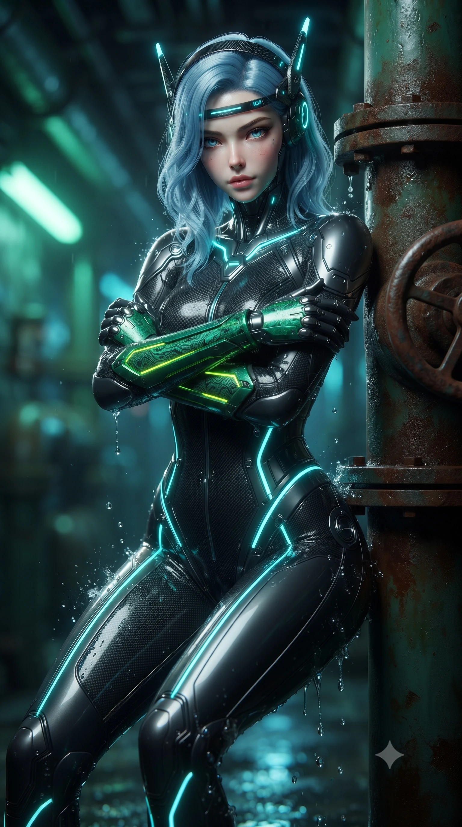 score_9, masterpiece, best quality, ultra-detailed, high-budget anime keyframe, editorial fashion photography, tasteful artistic composition, Korean woman. close-up cowboy shot from the waist and thighs up, the character dominates the composition, filling the frame with her large presence. shifting into a low cat-stance with arms crossed defensively, glowing energy conduits tracing her ultra-slim waist and sculpted clavicle while resting against a massive drainage valve pipe with arms crossed loosely, casting a smoldering, direct gaze into the lens. The composition keeps background elements in soft focus with creamy bokeh. splashing water droplets and glowing green biochemical drain pipes blurred into radiant emerald, cyan, and charcoal bokeh. She has an exceptionally elegant, slender, and willowy female figure with an ultra-slim waist, a gracefully sculpted slender torso, toned flat midriff, and a refined slim silhouette. sharp v-shaped jawline, high-bridge nose, intricate jewel-like eyes with depth, thick eyelashes, glossy lips with a natural sheen, fierce and resolute heroine expression, flawlessly proportioned anatomical accuracy, strict slender model proportions, natural body alignment, perfectly sculpted long slender limbs, ultra-slim waistline, clean dynamic posture without body distortion. wearing a lightweight carbon-fiber tactical sensory headpiece with glowing cyan ear-antennae and an ultra-thin forehead HUD brow-band, paired with a skin-tight dark carbon-weave combat bodysuit with glowing neon energy conduits and reinforced Damascus-pattern forearm strike guards in toxic emerald green carbon composite with glowing lime warning channels, made of lightweight aerodynamic carbon-titanium alloy with precision-beveled armor seams, detailed with kinetic shock-dampening knuckle guards and polished chrome connection joints, the glove-like aerodynamic second-skin fit tightly clinging to her ultra-slender waist and athletic curves without adding bulk, accentuating her razor-sharp statuesque lines and slim hourglass silhouette. illuminated by wet reflective highlights tracing her sculpted collarbones, waistline, and long slender legs. ultra-reflective glossy finish, specular highlights, dark metallic sheen, high-contrast stereoscopic depth, volumetric dynamic lighting, 2k, ultra detail, master piece, 9:16 ratio