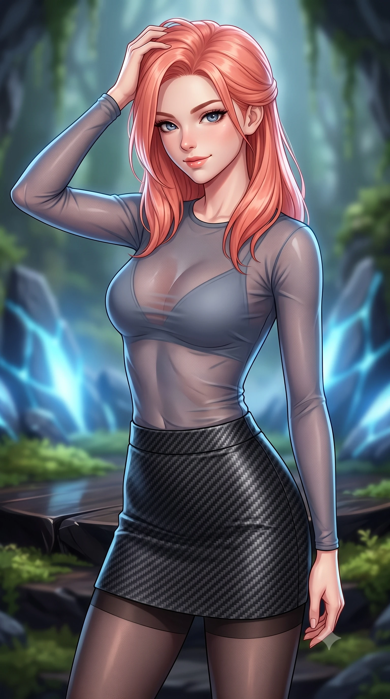 score_9, masterpiece, best quality, ultra-detailed, high-budget anime keyframe, editorial fashion photography, tasteful artistic composition, Japanese woman. close-up cowboy shot from the waist and thighs up, the character dominates the composition, filling the frame with her large presence, background elements kept in soft focus. slowly running a hand through her hair, smiling with quiet, magnetic self-assurance directly into the camera, the background shows a soft-focus a moss grotto platform made of polished obsidian wood and digital rock lines. She has an exceptionally elegant, slender, and willowy female figure with an ultra-slim waist, a gracefully sculpted slender torso, and a refined silhouette. sharp v-shaped jawline, high-bridge nose, intricate jewel-like eyes with depth, thick eyelashes, glossy lips with a natural sheen. wearing a form-contouring semi-transparent mesh top in slate grey, paired with a carbon-fiber mini skirt and sheer stockings. soft blue light radiating from digital rocks onto her refined profile. highly saturated vibrant anime colors, detailed shading with soft gradients, rich glossy textures, high-contrast stereoscopic depth, volumetric dynamic lighting, master piece, 9:16 ratio