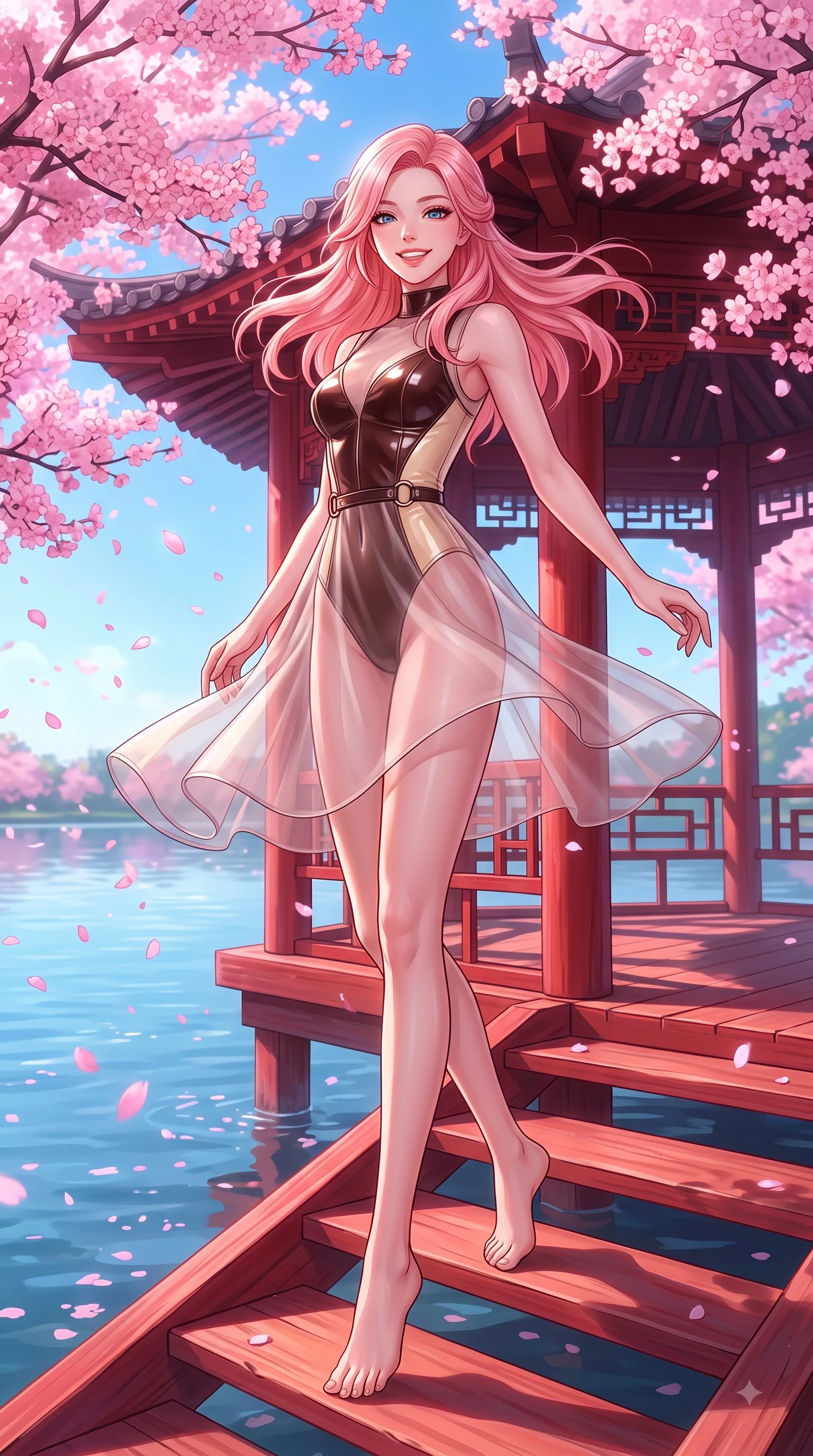 score_9, masterpiece, best quality, ultra-detailed, high-budget anime keyframe, editorial fashion photography, tasteful artistic composition, Japanese woman. low angle full-body shot from head to toe showing her feet, filling the entire 9:16 vertical frame with her statuesque presence, stretching her vertical silhouette. performing a cheerful mid-air rotation with flawless poise, her radiant smile capturing pure happy energy while pivoting gracefully on the steps of a traditional red wooden pavilion with a warm smile, dense canopies of pink cherry blossoms scattering petals across the clear blue lake. She has an absolutely perfect, statuesque 8.5-heads proportion, an exceptionally tall and slender model-like female figure with impossibly long slender legs and an ultra-slim waist. sharp v-shaped jawline, high-bridge nose, intricate jewel-like eyes with depth, thick eyelashes, glossy lips with a natural sheen, flawlessly proportioned anatomical accuracy, natural body alignment, perfectly sculpted elegant limbs, clean dynamic posture without body distortion. wearing a semi-opaque sheer overlay dress over a leather micro-bodysuit in espresso brown and warm cream, tailored from high-gloss patent leather, accented with delicate chrome ring hardware framing her waist, the glove-like fit emphasizing her statuesque silhouette during motion. illuminated by soft glowing pink ambient light and clear sky refractions. highly saturated vibrant anime colors, detailed shading with soft gradients, rich glossy textures, high-contrast stereoscopic depth, volumetric dynamic lighting, master piece, 9:16 ratio