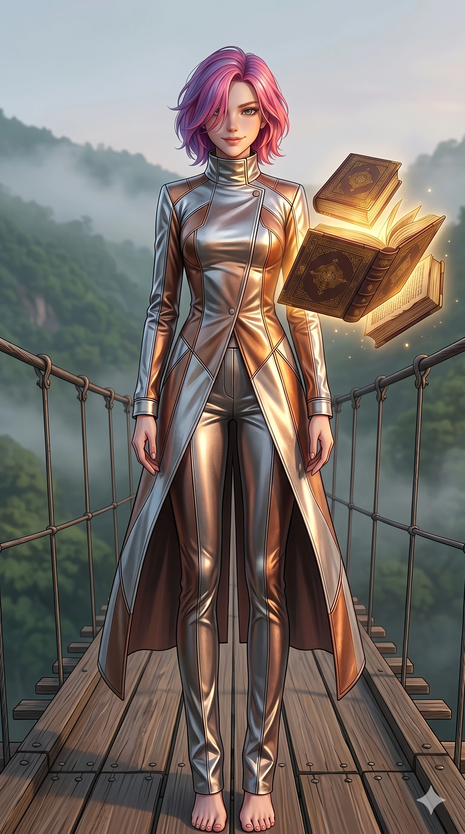 score_9, masterpiece, best quality, ultra-detailed, high-budget anime keyframe, editorial fashion photography, tasteful artistic composition, Caucasian woman, strictly human ears. low angle full-body shot from head to toe showing her feet, filling the entire 9:16 vertical frame with her statuesque presence, stretching her vertical silhouette. tilting her head with a playful, teasing smile, letting a lock of hair fall over her jewel-like eyes on a wooden suspension bridge overlooking a misty green valley at dawn (Code-P18-027). She has an absolutely perfect 8-heads proportion, an exceptionally tall and slender female figure with impossibly long slender legs and an ultra-slim waist. V-shaped jawline, high-bridge nose, intricate jewel-like eyes with depth, thick eyelashes, glossy lips with a natural sheen. wearing a futuristic high-neck metallic trench coat with matching long pants. warm golden light emanating from the floating books, casting rich shadows on her face. 2k, ultra detail, master piece, 9:16 ratio