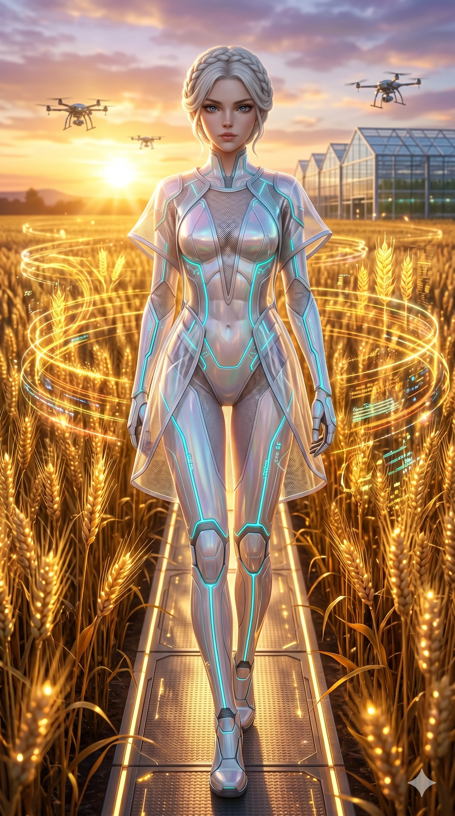 score_9, masterpiece, best quality, ultra-detailed, Set A: Photorealistic 8k CG, Japanese woman. Low angle cowboy shot filling the entire 9:16 frame with her statuesque presence. Walking through a field of glowing grain under a golden sun in a high-tech farm. She has an absolutely perfect 8-heads proportion, an exceptionally tall and slender female figure with impossibly long slender legs and an ultra-slim waist. Sharp v-shaped jawline, high-bridge nose, intricate jewel-like eyes with depth, thick eyelashes, glossy lips. Wearing a Tech-Fantasy outfit: cybernetic tech-suit with glowing seams and translucent PVC. Background is a bright and colorful meadow with golden holographic wheat and vibrant sunlight. 2k, ultra detail, master piece, 9:16 ratio