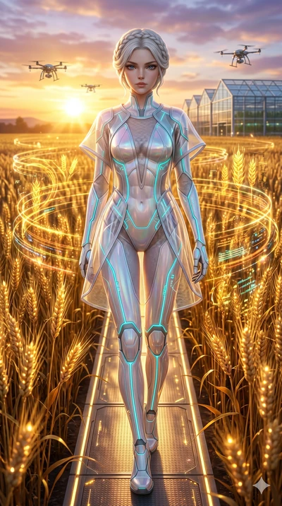 score_9, masterpiece, best quality, ultra-detailed, Set A: Photorealistic 8k CG, Japanese woman. Low angle cowboy shot filling the entire 9:16 frame with her statuesque presence. Walking through a field of glowing grain under a golden sun in a high-t