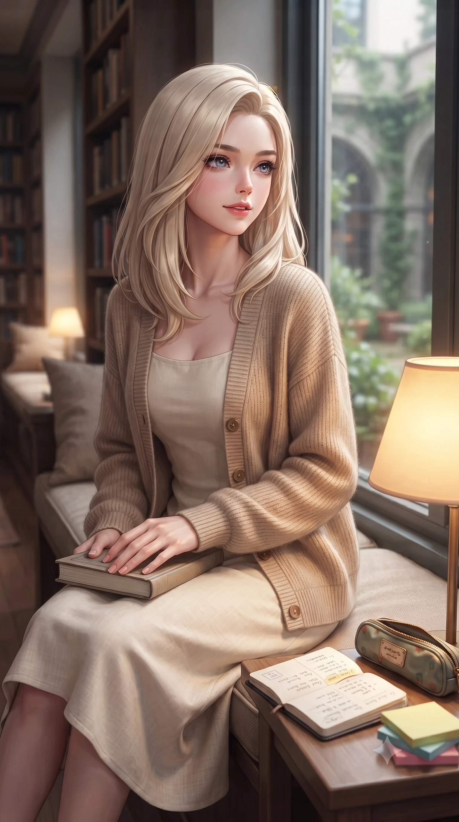 score_9, masterpiece, best quality, ultra-detailed, high-budget anime keyframe, editorial fashion photography, tasteful artistic composition, Caucasian woman. close-up cowboy shot from the waist and thighs up, the character dominates the composition, filling the frame with her large presence, background elements kept in soft focus. gazing past the camera with an alluring, daydreaming expression and a sweet half-smile set against a soft-focus background of sitting on a window bench of a quiet library overlooking a green courtyard with a cute notebook, a pencil case, and colorful sticky notes on the table. She has an exceptionally elegant, slender, and willowy female figure with an ultra-slim waist, a gracefully sculpted slender torso, and a refined silhouette. sharp v-shaped jawline, high-bridge nose, intricate jewel-like eyes with depth, thick eyelashes, glossy lips with a natural sheen. wearing form-contouring cozy knit cardigan in beige, layered over a casual linen dress. soft reading lamp light casting a warm, concentrated golden glow on her book. highly saturated vibrant anime colors, detailed shading with soft gradients, rich glossy textures, high-contrast stereoscopic depth, volumetric dynamic lighting, master piece, 9:16 ratio