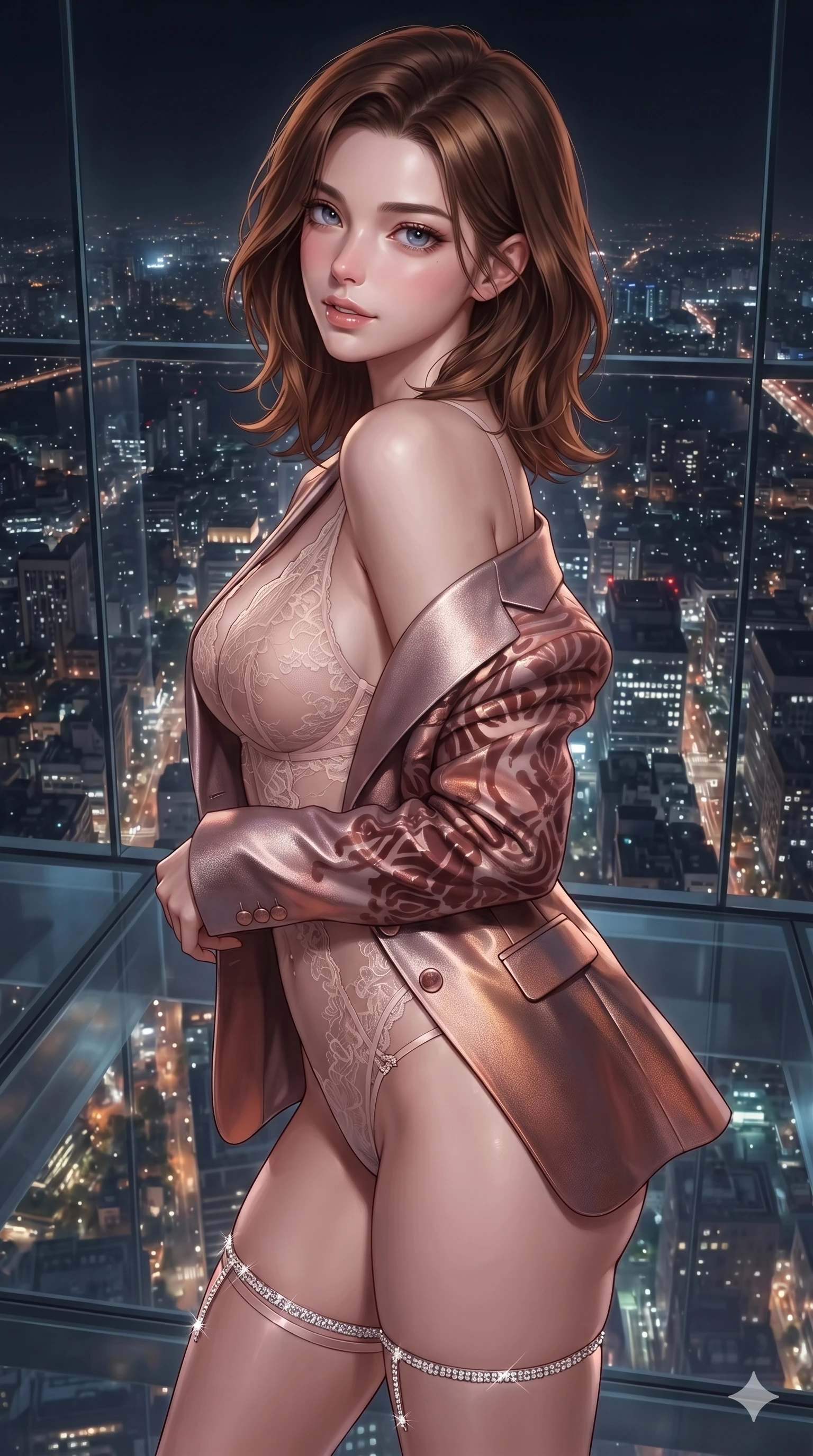 score_9, masterpiece, best quality, ultra-detailed, high-budget anime keyframe, editorial fashion photography, tasteful artistic composition, Korean woman. close-up cowboy shot from the waist and thighs up, the character dominates the composition, filling the frame with her large presence. twisting her slender torso in a deep contrapposto stance, hips dramatically shifted to accentuate her feminine curves while looking past her shoulder with smoldering bedroom-eyes while twisting her slender torso in an alluring contrapposto stance, shimmering city light reflections tracing her narrow waist and curvy hips through the transparent floor. The surrounding environment is rendered in vivid detail and crisp panoramic clarity: detailed liquid-silk jersey evening dress tailoring, open-back leather harness straps, and monumental terrace engineering in razor-sharp precision. She has an exceptionally elegant, slender, and willowy female figure with an ultra-slim waist, flat toned midriff, narrow ribcage, and sculpted feminine hips creating an alluring, slim hourglass silhouette without bulk. sharp v-shaped jawline, high-bridge nose, intricate jewel-like sparkling eyes with depth, thick eyelashes, glossy parted lips with a natural sheen, intensely captivating and seductive bedroom-eyes expression, exuding both youthful cute charm and sovereign luxury allure, flawlessly proportioned anatomical accuracy, strict slender model proportions, natural body alignment, perfectly sculpted long slender limbs, ultra-slim waistline, clean dynamic posture without body distortion. wearing a delicate sheer French Chantilly lace teddy layered under an open tailored metallic blazer draped over bare shoulders in rose-quartz blush and burnished copper, made of sheer contouring power-mesh with velvet flocking patterns, finished with delicate crystal-encrusted thigh garter straps glinting in the dim light, the precision-cut side openings and low-back scoop framing her graceful spine and the sensual sweep of her slim, toned hips. illuminated by glass floor bounce and sharp gold-cyan rim lights defining her razor-sharp jawline, narrow waist, and curvy hips. ultra-reflective glossy finish, specular highlights, rich textural contrasts, high-contrast stereoscopic depth, volumetric dynamic lighting, 2k, ultra detail, master piece, 9:16 ratio