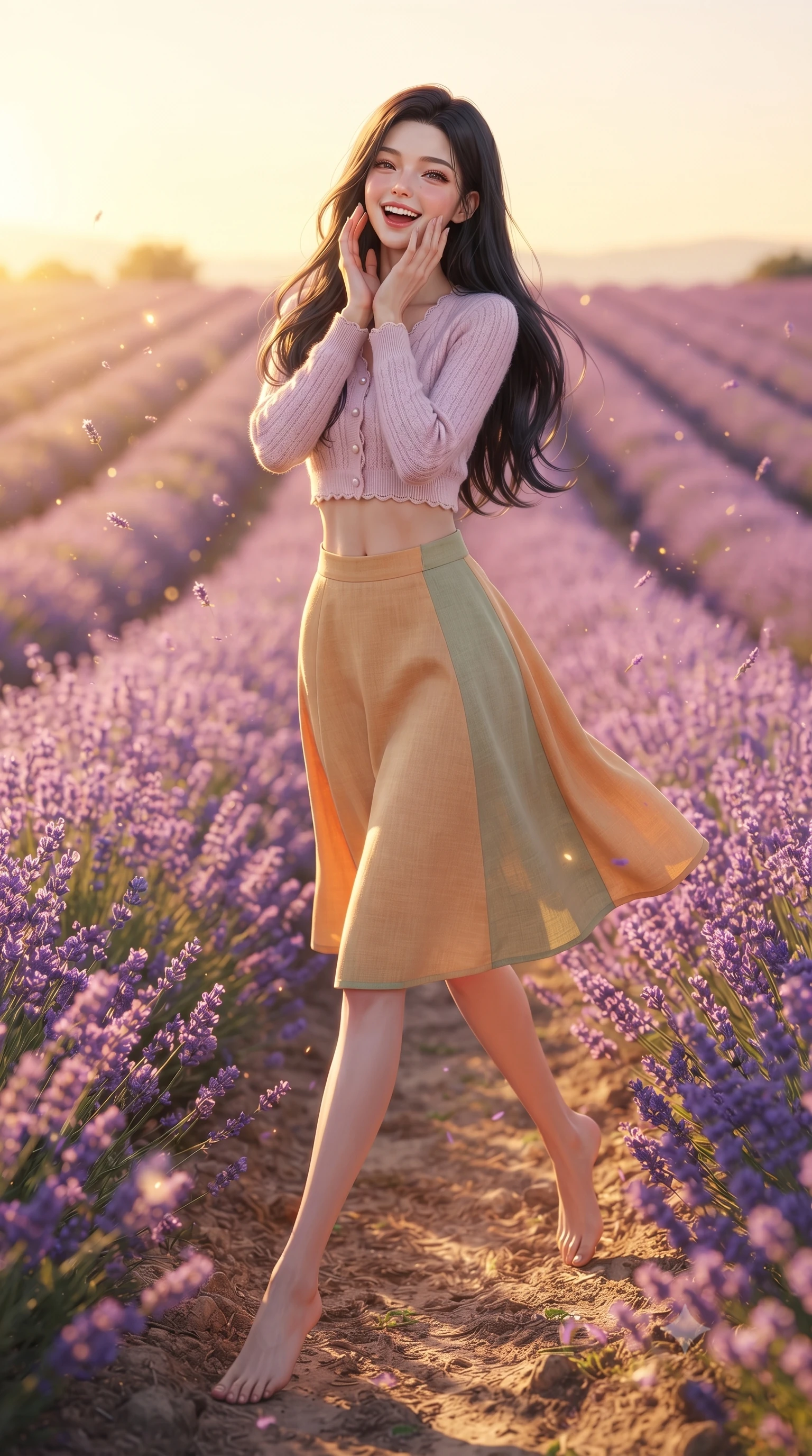 score_9, masterpiece, best quality, ultra-detailed, high-budget anime keyframe, editorial fashion photography, tasteful artistic composition, Korean woman. low angle full-body shot from head to toe showing her feet, filling the entire 9:16 vertical frame with her statuesque presence, stretching her vertical silhouette. stepping forward gracefully in mid-motion with a delighted cute laugh, displaying her tall slender model proportions while running playfully through endless rolling rows of violet lavender under a warm golden Mediterranean sun. The composition keeps background elements in soft focus with creamy bokeh. golden summer sunlight and floating lavender pollen grains scattering radiant light motes. She has an absolutely perfect, statuesque 8.5-heads proportion, an exceptionally tall and slender model-like female figure with impossibly long slender legs, a toned flat midriff, and an ultra-slim waist. sharp v-shaped jawline, high-bridge nose, intricate jewel-like eyes with depth, thick eyelashes, glossy lips with a natural sheen, pure and lovely fresh girlhood expression, flawlessly proportioned anatomical accuracy, strict slender model proportions, natural body alignment, perfectly sculpted long slender limbs, ultra-slim waistline, clean dynamic posture without body distortion. wearing a stylish cropped pastel knit pullover paired with a high-waisted flowy A-line linen skirt in warm apricot and sage green, knitted from ultra-soft cozy baby-cashmere yarn, finished with delicate scallop trims and tiny pearl buttons, the body-hugging lightweight knit clinging delicately to her slender torso, accentuating her graceful neck and feminine lines. bathed in warm golden hour sunlight casting long romantic shadows across the purple lavender rows. ultra-reflective glossy finish, specular highlights, rich natural textures, high-contrast stereoscopic depth, volumetric dynamic lighting, 2k, ultra detail, master piece, 9:16 ratio