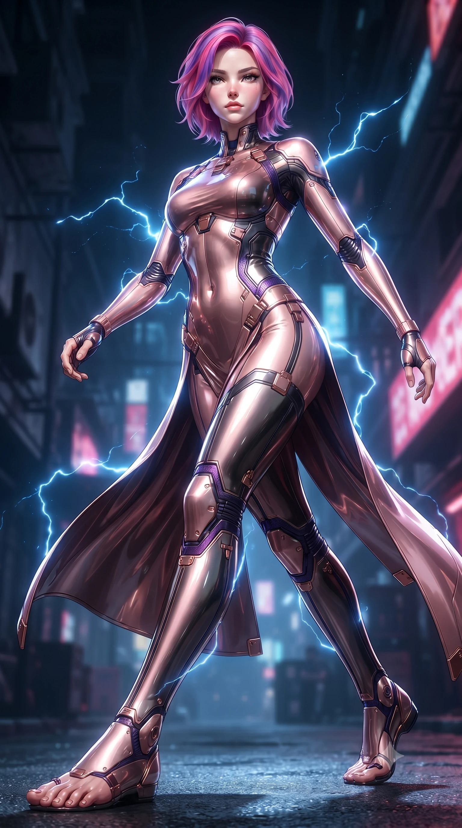 score_9, masterpiece, best quality, ultra-detailed, high-budget anime keyframe, editorial fashion photography, tasteful artistic composition, Caucasian woman. low angle full-body shot from head to toe showing her feet, filling the entire 9:16 vertical frame with her statuesque presence, stretching her vertical silhouette. striding forward with sovereign warrior elegance in a low, predatory combat advance, hips swaying with fierce athletic poise from head to toe while arching her spine in a fluid S-curve martial roll between steam pipes as blue electricity illuminates her sleek silhouette. The surrounding environment is rendered in vivid detail and crisp panoramic clarity. high-contrast noir chiaroscuro and atmospheric cyberpunk urban textures captured with precision. She has an absolutely perfect, statuesque 8.5-heads proportion, an exceptionally tall and slender model-like female figure with impossibly long slender legs, a toned flat midriff, and an ultra-slim waist. sharp v-shaped jawline, high-bridge nose, intricate jewel-like eyes with depth, thick eyelashes, glossy lips with a natural sheen, flawlessly proportioned anatomical accuracy, strict slender model proportions, natural body alignment, perfectly sculpted long slender limbs, ultra-slim waistline, clean dynamic posture without body distortion. wearing a form-fitting luminous rose-gold carbon combat gown with tactical high leg slits and flexible kinetic knee articulation in royal purple carbon fiber with rose-gold hardware and clasps, formed from high-gloss patent carbon-plating with specular chiaroscuro reflections, finished with high-mobility flexible limb seams and miniature magnetic armor locks, the sleek second-skin cut tightly hugging her graceful clavicle, narrow waist, and feminine curves with athletic precision. illuminated by wet reflective highlights tracing her sculpted flat midriff, waist, and long legs. ultra-reflective glossy finish, specular highlights, dark metallic sheen, high-contrast stereoscopic depth, volumetric dynamic lighting, 2k, ultra detail, master piece, 9:16 ratio