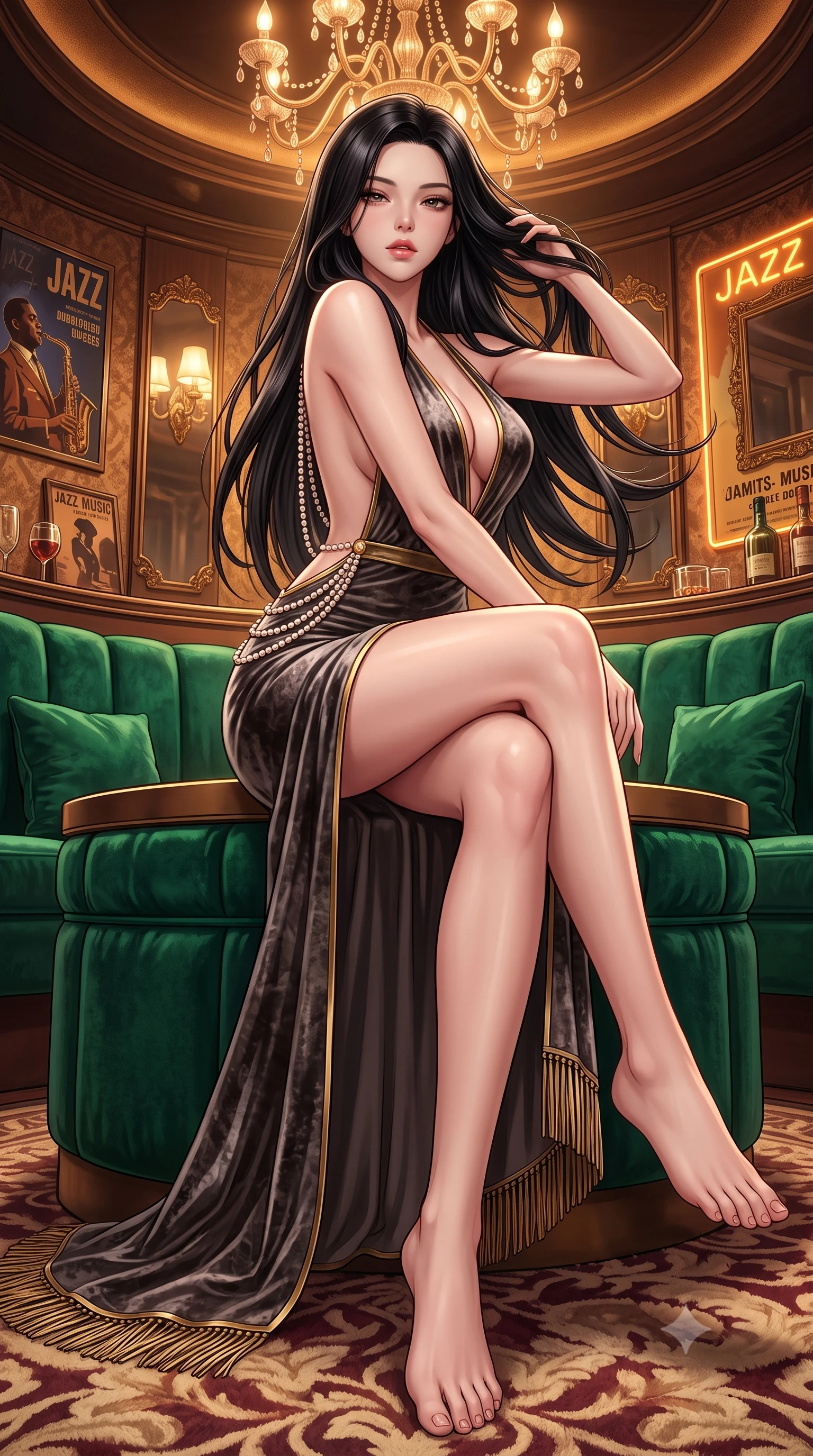 score_9, masterpiece, best quality, ultra-detailed, high-budget anime keyframe, semi-realistic 3D game render, editorial fashion photography, tasteful artistic composition, Korean woman. low angle full-body shot from head to toe showing her feet, filling the entire 9:16 vertical frame with her statuesque presence, stretching her vertical silhouette. sitting perched on the elevated ledge with hips angled toward the camera and legs crossed, displaying her toned midriff and flawlessly sculpted slender limbs while lounging languidly in a circular VIP booth of emerald velvet, running fingers through her glossy hair as jazz music drifts. The surrounding environment is rendered in vivid detail and crisp panoramic clarity. detailed fringe tassel movement, beaded dress embroidery, and mirror reflection clarity in high resolution. She has an absolutely perfect, statuesque 8.5-heads proportion, an exceptionally tall and slender model-like female figure with impossibly long slender legs, a toned flat midriff, an ultra-slim waist, and beautifully sculpted feminine hips. sharp v-shaped jawline, high-bridge nose, intricate jewel-like eyes with depth, thick eyelashes, glossy parted lips with a natural sheen, intensely captivating and seductive bedroom-eyes expression, flawlessly proportioned anatomical accuracy, strict slender model proportions, natural body alignment, perfectly sculpted long slender limbs, ultra-slim waistline, clean dynamic posture without body distortion. wearing a plunging-V neckline velvet evening gown with an open back and high-cut side slit in dark smoky quartz and liquid gold trim, crafted from heavyweight crushed silk velvet with liquid vintage luster, accented with a multi-strand pearl back necklace cascading down her bare spine to her hips, the precision-cut side openings and low-back scoop framing her graceful spine and the sensual sweep of her hips. bathed in warm incandescent chandelier warmth and vintage amber neon glow. highly saturated vibrant anime colors, detailed shading with soft gradients, rich glossy textures, high-contrast stereoscopic depth, volumetric dynamic lighting, master piece, 9:16 ratio