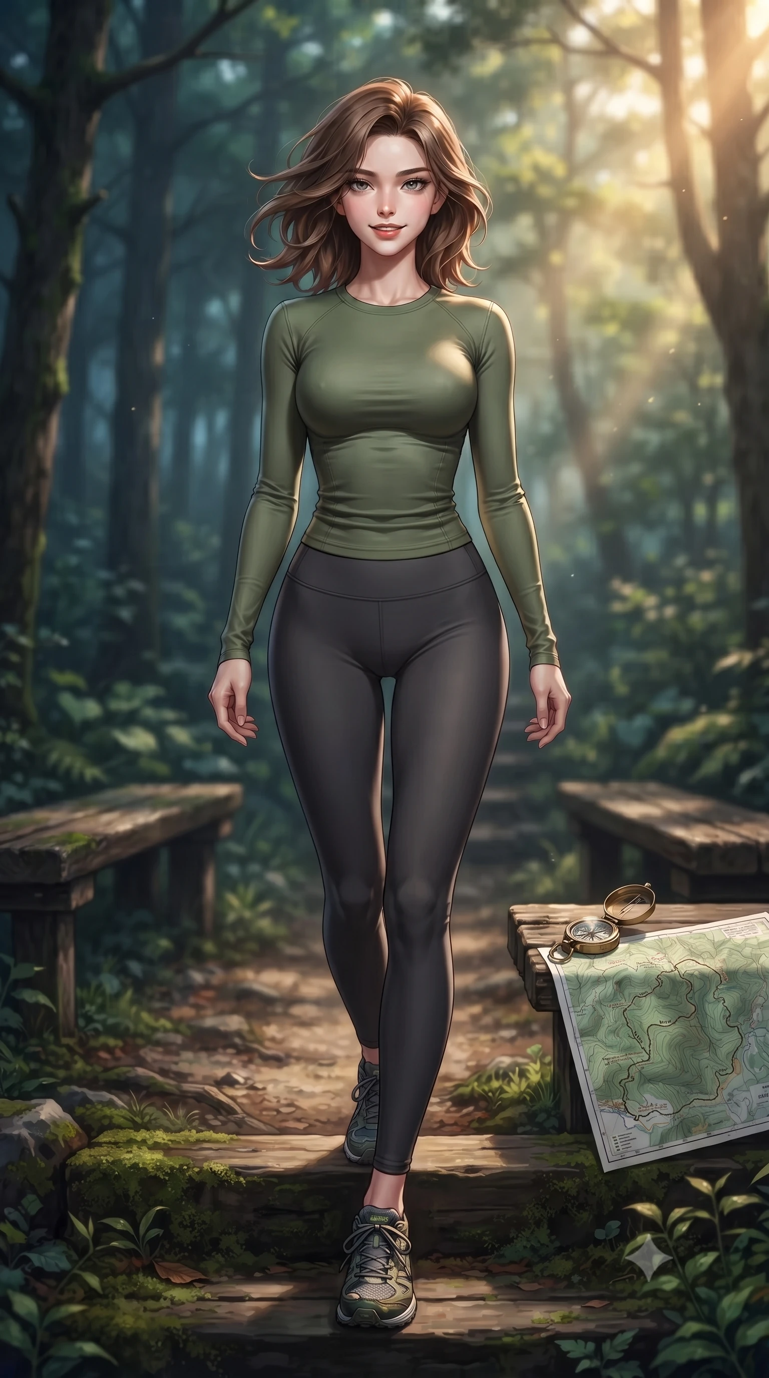 score_9, masterpiece, best quality, ultra-detailed, high-budget anime keyframe, editorial fashion photography, tasteful artistic composition, Korean woman. low angle full-body shot from head to toe showing her feet, filling the entire 9:16 vertical frame with her statuesque presence, stretching her vertical silhouette. stepping forward with an alluring, magnetic smile, her graceful posture highlighting her statuesque silhouette set against a soft-focus background of at a rest area along a scenic valley hiking trail with wooden benches with a small compass and a map of the forest trail on a nearby bench. She has an absolutely perfect, statuesque 8.5-heads proportion, an exceptionally tall and slender model-like female figure with impossibly long slender legs and an ultra-slim waist. sharp v-shaped jawline, high-bridge nose, intricate jewel-like eyes with depth, thick eyelashes, glossy lips with a natural sheen. wearing body-hugging tight-fitting athletic long-sleeve top in olive green, paired with form-contouring leggings. cool forest shadows contrasting with warm shafts of sunbeams. highly saturated vibrant anime colors, detailed shading with soft gradients, rich glossy textures, high-contrast stereoscopic depth, volumetric dynamic lighting, master piece, 9:16 ratio