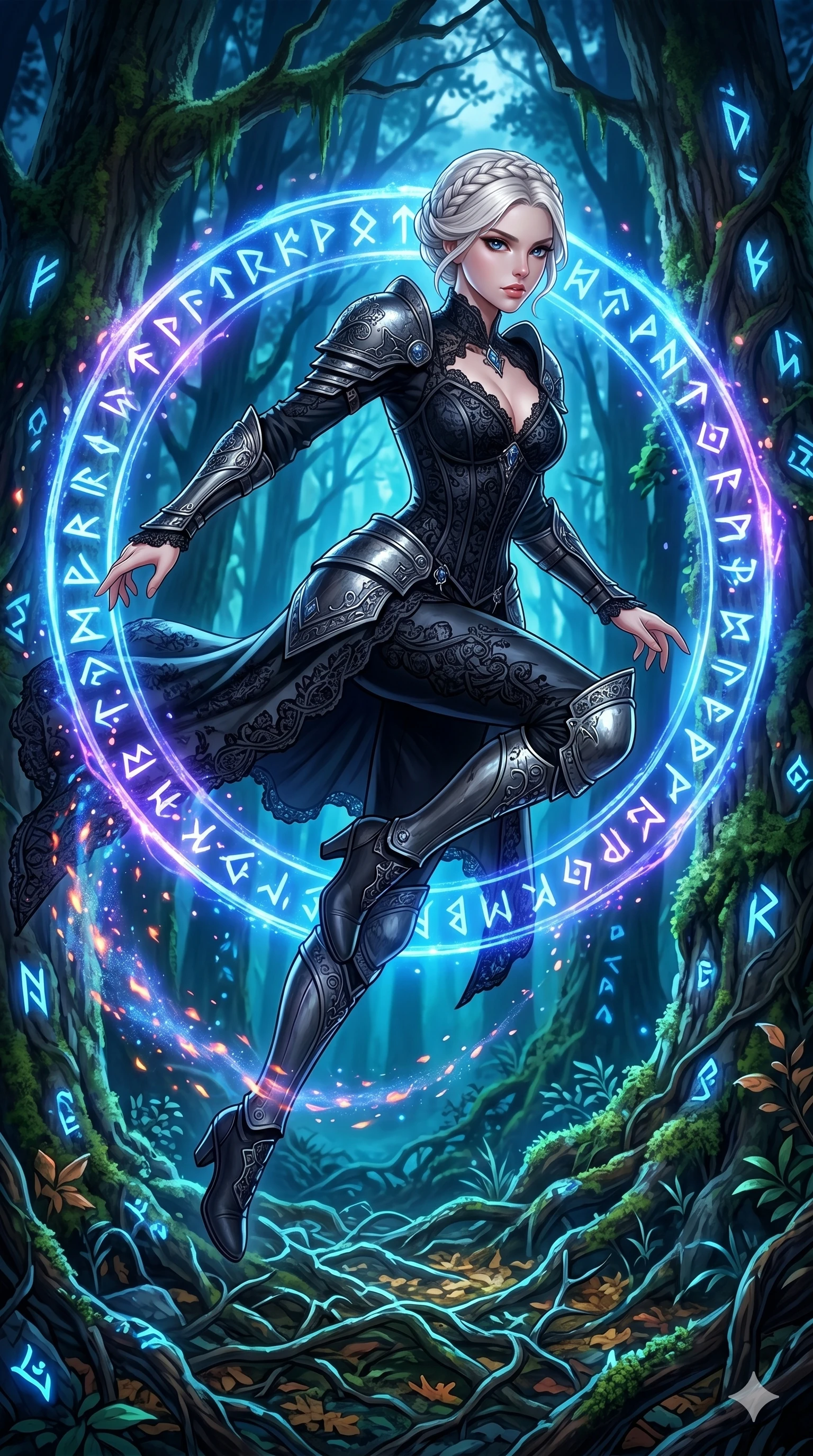 score_9, masterpiece, best quality, ultra-detailed, Set C: High-budget Anime Keyframe, Korean woman. Low angle cowboy shot filling the entire 9:16 frame with her statuesque presence. Leaping through a ring of glowing runes in an ancient forest at night. She has an absolutely perfect 8-heads proportion, an exceptionally tall and slender female figure with elegant long slender legs and an slender waist. Sharp v-shaped jawline, high-bridge nose, intricate jewel-like eyes with depth, thick eyelashes, glossy lips. Wearing a Dark Fantasy outfit: gothic lace corset gown with silver armor and a sophisticated v-neckline. Background is a bright and colorful dark forest with glowing blue runes and mystical embers. 2k, ultra detail, master piece, 9:16 ratio
