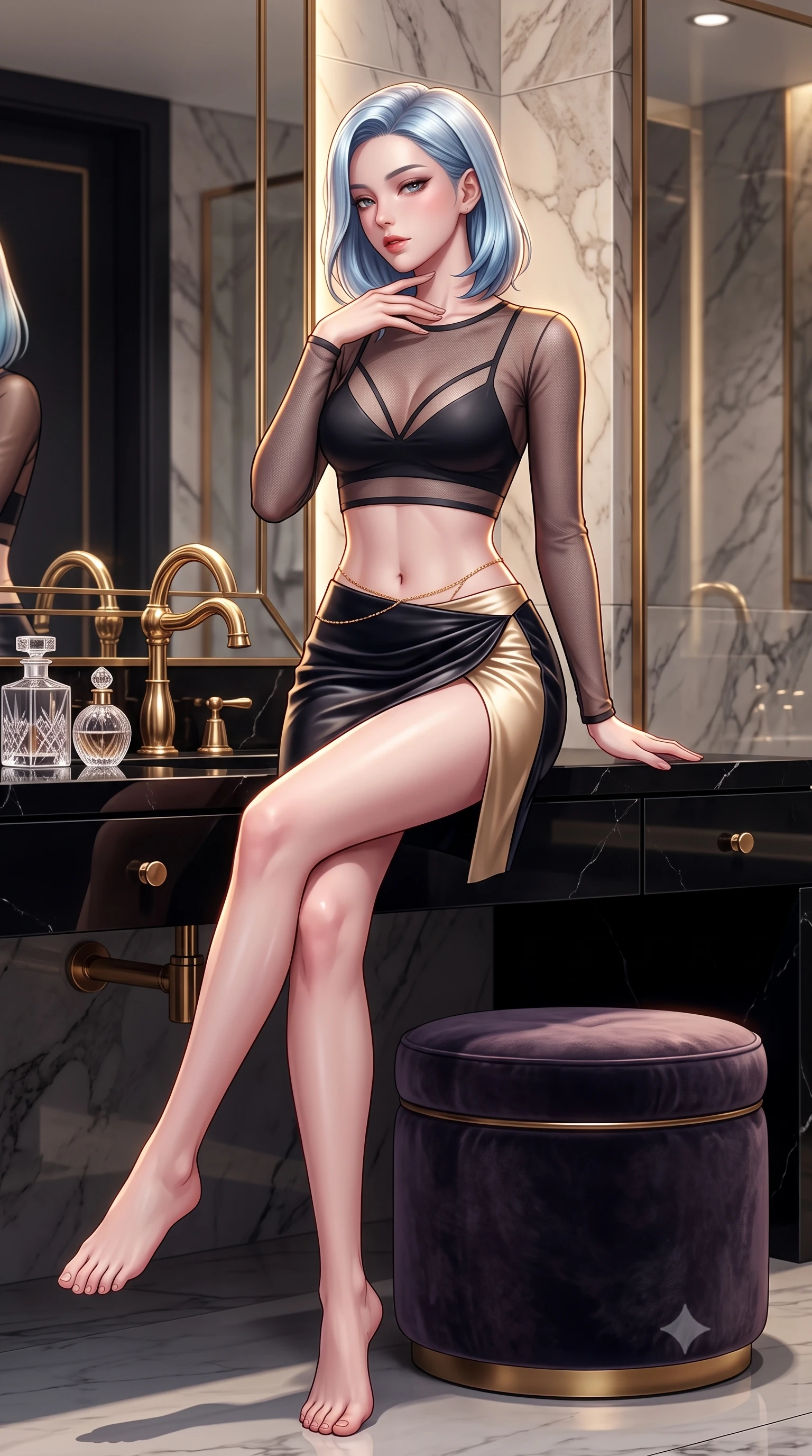 score_9, masterpiece, best quality, ultra-detailed, high-budget anime keyframe, semi-realistic 3D game render, editorial fashion photography, tasteful artistic composition, Korean woman. low angle full-body shot from head to toe showing her feet, filling the entire 9:16 vertical frame with her statuesque presence, stretching her vertical silhouette. executing a slow, graceful pivot turn as her silk gown sways around her slender legs, glancing back with an enchanting, teasing sensual expression while sitting perched sideways on the velvet vanity stool with legs crossed, one hand touching her throat while casting a magnetic, heavy-lidded glance. The surrounding environment is rendered in vivid detail and crisp panoramic clarity: sharp black onyx stone veining, polished brass faucet fixtures, and cut-crystal perfume bottle clarity in deep focus. She has an absolutely perfect, statuesque 8.5-heads proportion, an exceptionally tall and slender model-like female figure with impossibly long slender legs, an ultra-slim waist, a flat toned midriff, narrow delicate ribcage, and beautifully sculpted feminine hips creating a graceful, slim hourglass silhouette without any bulky heaviness. sharp v-shaped jawline, high-bridge nose, sparkling eyes with hypnotic seductive depth, thick curled eyelashes, glossy parted lips with a natural dewy peach sheen, alluring bedroom-eyes with an enchanting coquettish smile, exuding magnetic siren charisma and sophisticated high-fashion glamour, flawlessly proportioned anatomical accuracy, strict slender model proportions, natural body alignment, perfectly sculpted long slender limbs, ultra-slim waistline, clean dynamic posture without body distortion. wearing a sheer mesh long-sleeve crop top over an opaque strappy micro-bralette and a sleek leatherette mini skirt in midnight obsidian black and liquid champagne gold, tailored from ultra-plush velvet with rich tactile depth and deep shadow gradients, accented with a dainty gold belly chain resting across her flat midriff and curving hips, the high-slit wrap tailoring accentuating her ultra-slim waistline and the enchanting curve of her feminine hips with alluring seductive charm. illuminated by mirror specular bounce and sharp warm-gold rim lights defining her razor-sharp jawline, ultra-slim waist, and curvy hips. highly saturated vibrant anime colors, detailed shading with soft gradients, rich glossy textures, high-contrast stereoscopic depth, volumetric dynamic lighting, master piece, 9:16 ratio