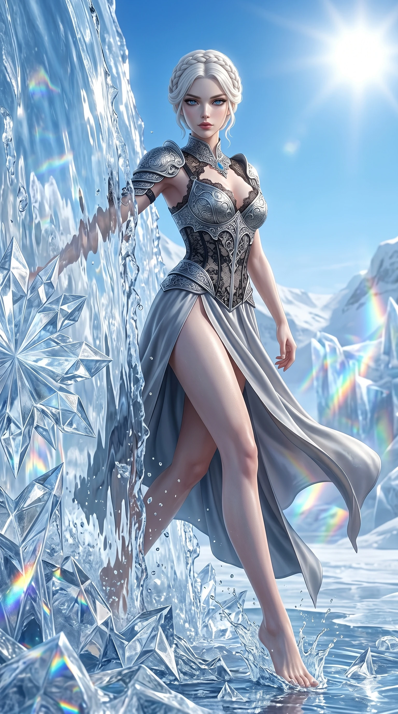 score_9, masterpiece, best quality, ultra-detailed, Set A: Photorealistic 8k CG, Japanese woman. Low angle cowboy shot filling the entire 9:16 frame with her statuesque presence. Breaking through a wall of water that turns into ice sculptures in a frozen valley under a bright sun. She has an absolutely perfect 8-heads proportion, an exceptionally tall and slender female figure with impossibly long slender legs and an ultra-slim waist. Sharp v-shaped jawline, high-bridge nose, intricate jewel-like eyes with depth, thick eyelashes, glossy lips. Wearing a Dark Fantasy outfit: gothic lace corset with silver plate armor and a high-slit silk skirt. Background is a bright and colorful icy canyon with prismatic light refraction and clear blue sky. 2k, ultra detail, master piece, 9:16 ratio