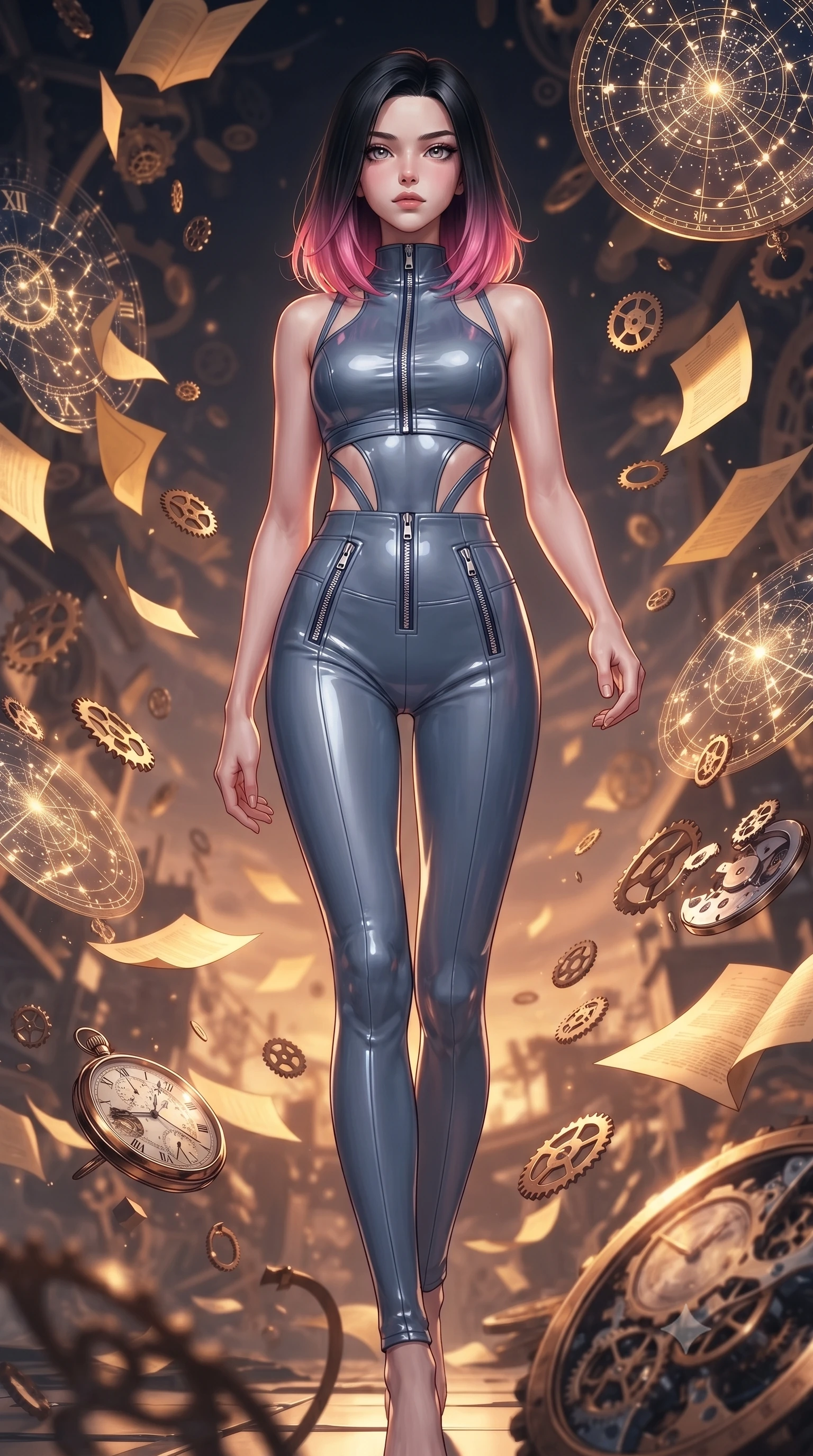 score_9, masterpiece, best quality, ultra-detailed, high-budget anime keyframe, editorial fashion photography, tasteful artistic composition, Korean woman. low angle full-body shot from head to toe showing her feet, filling the entire 9:16 vertical frame with her statuesque presence, stretching her vertical silhouette. stepping forward with proud posture, filling the vertical frame with her magnetic presence navigating a blizzard of floating analog gear parts and glowing star maps, golden paper pages fluttering gently around her in a magical breeze. She has an absolutely perfect, statuesque 8.5-heads proportion, an exceptionally tall and slender model-like female figure with impossibly long slender legs and an ultra-slim waist. sharp v-shaped jawline, high-bridge nose, intricate jewel-like eyes with depth, thick eyelashes, glossy lips with a natural sheen. wearing a glossy vinyl crop top and high-waist tailored leggings with sleek zippers in slate blue and metallic silver, formed from sleek second-skin neoprene, featuring clean architectural cutouts along her slender torso, the tailored fabric tightly following every curve of her athletic build. bathed in warm twilight amber backlighting and rich metallic specular glow. ultra-reflective glossy finish, specular highlights, metallic sheen, high-contrast stereoscopic depth, volumetric dynamic lighting, 2k, ultra detail, master piece, 9:16 ratio