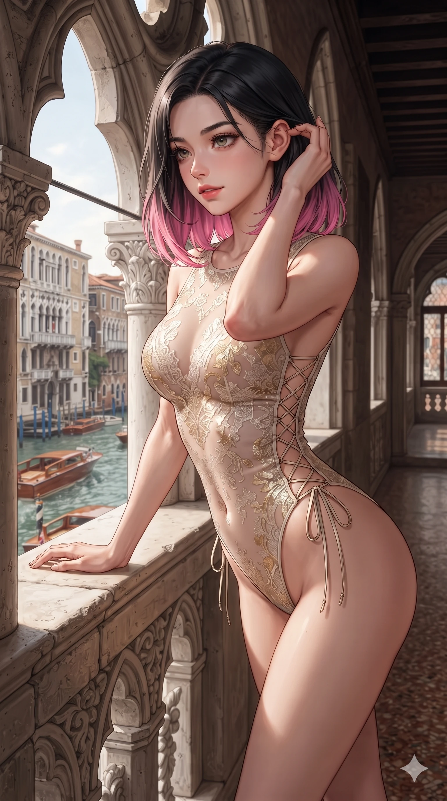 score_9, masterpiece, best quality, ultra-detailed, high-budget anime keyframe, editorial fashion photography, tasteful artistic composition, Korean woman. close-up cowboy shot from the waist and thighs up, the character dominates the composition, filling the frame with her large presence. gently brushing a lock of hair behind her ear while casting a playful, flirtatious side-gaze with long eyelashes while leaning over the carved Istrian stone window sill with hips cocked back, looking through open gothic arches at passing mahogany water taxis with seductive eyes. The surrounding environment is rendered in vivid detail and crisp panoramic clarity: detailed liquid-satin evening dress tailoring, delicate chain belts, and historic Venetian palace interiors in high resolution. She has an exceptionally elegant, slender, and willowy female figure with an ultra-slim waist, flat toned midriff, narrow ribcage, and sculpted feminine hips creating an alluring, slim hourglass silhouette without bulk. sharp v-shaped jawline, high-bridge nose, intricate jewel-like sparkling eyes with depth, thick eyelashes, glossy parted lips with a natural sheen, intensely captivating and seductive bedroom-eyes expression, exuding both youthful cute charm and sovereign luxury allure, flawlessly proportioned anatomical accuracy, strict slender model proportions, natural body alignment, perfectly sculpted long slender limbs, ultra-slim waistline, clean dynamic posture without body distortion. wearing a provocative sheer-illusion nanotech lace bodysuit with strategic metallic foil flocking and high-cut leg openings in Istrian stone cream and antique gold-leaf, crafted from bespoke double-faced cashmere with an exceptionally soft tactile finish, featuring fine criss-cross lace-up side ties revealing tantalizing glimpses of her hip curve, the form-contouring cut accentuating her sculpted flat midriff, narrow delicate ribcage, and gracefully curvy hips with intoxicating allure. illuminated by terracotta floor bounce and sharp champagne-gold rim lights defining her razor-sharp jawline, narrow waist, and curvy hips. ultra-reflective glossy finish, specular highlights, rich textural contrasts, high-contrast stereoscopic depth, volumetric dynamic lighting, 2k, ultra detail, master piece, 9:16 ratio