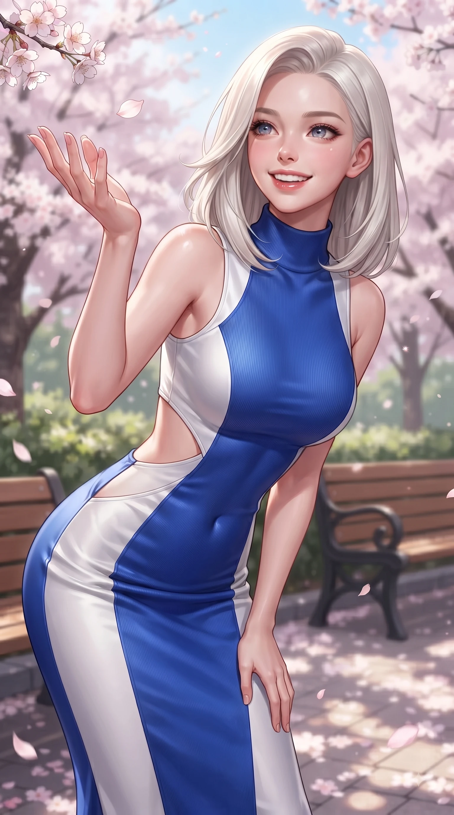 score_9, masterpiece, best quality, ultra-detailed, high-budget anime keyframe, editorial fashion photography, tasteful artistic composition, Caucasian woman. close-up cowboy shot from the waist and thighs up, the character dominates the composition, filling the frame with her large presence. Cheerful beaming smile with sparkling eyes and a fresh girlhood aura, leaning forward with playful grace while reaching her hand up playfully to catch a floating blossom petal in mid-air. The surrounding environment is rendered in vivid detail and crisp panoramic clarity. delicate cherry blossom petal clusters, wooden park benches, and historic hill paths in sharp resolution. She has an exceptionally elegant, slender, and willowy female figure with an ultra-slim waist, a gracefully sculpted slender torso, and a refined silhouette. sharp v-shaped jawline, high-bridge nose, intricate jewel-like eyes with depth, thick eyelashes, glossy lips with a natural sheen, flawlessly proportioned anatomical accuracy, natural body alignment, perfectly sculpted elegant limbs, clean dynamic posture without body distortion. wearing a high-neck sleeveless ribbed knit dress following her statuesque figure like a glove in vibrant cobalt blue and crisp snow white, crafted from smooth liquid silk satin, complemented by clean architectural cutouts along her slender torso, the glove-like fit emphasizing her statuesque silhouette during motion. surrounded by a fresh, sweet, and nostalgic spring park atmosphere. ultra-reflective glossy finish, specular highlights, metallic sheen, high-contrast stereoscopic depth, volumetric dynamic lighting, 2k, ultra detail, master piece, 9:16 ratio