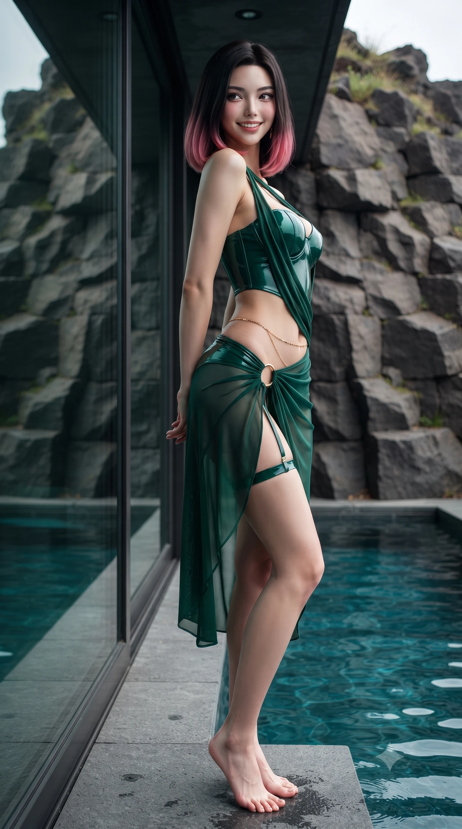 score_9, masterpiece, best quality, ultra-detailed, high-budget anime keyframe, editorial fashion photography, tasteful artistic composition, Korean woman. low angle full-body shot from head to toe showing her feet, filling the entire 9:16 vertical frame with her statuesque presence, stretching her vertical silhouette. posing in a classic haute-couture S-curve stance beside the floor-to-ceiling window, looking over a bare shoulder with magnetic presence while standing poised at the edge of the iconic cliffside pool carved into basalt rocks, arching her spine with effortless Riviera siren charisma. The surrounding environment is rendered in vivid detail and crisp panoramic clarity: detailed cut-out liquid jersey dress drape, gold hip ring hardware, and historic cliffside masonry in razor-sharp precision. She has an exceptionally tall and slender model-like 8.5-heads proportion, an ultra-slim waist, a flat toned midriff, narrow delicate ribcage, and beautifully sculpted feminine hips creating a graceful, slim hourglass silhouette without any bulky heaviness, with impossibly long slender legs. sharp v-shaped jawline, high-bridge nose, intricate jewel-like sparkling eyes with depth, thick eyelashes, glossy parted lips with a natural peach sheen, bright cheerful beaming smile with an enchanting and coquettish sensual glint, exuding both youthful cute charm and seductive allure, flawlessly proportioned anatomical accuracy, strict slender model proportions, natural body alignment, perfectly sculpted long slender limbs, ultra-slim waistline, clean dynamic posture without body distortion. wearing a wet-look form-fitting vinyl bustier paired with a high-slit sheer-layered wrap mini skirt and thigh-strap accents in Monte Carlo casino emerald green and polished brass, woven from buttery-soft stretch lambskin leather adhering to her body like a second skin, accented with a dainty gold belly chain resting across her flat midriff and curving hips, the liquid-tight tailored fabric clinging flawlessly to her narrow waist and rounded feminine hips, emphasizing every millimeter of her sculpted slim hourglass curves without any bulky heaviness. illuminated by pool water caustics bounce and sharp platinum rim lights sharply sculpting her cheekbones, flat midriff, and curvaceous hips. ultra-reflective glossy finish, specular highlights, rich textural contrasts, high-contrast stereoscopic depth, volumetric dynamic lighting, 2k, ultra detail, master piece, 9:16 ratio