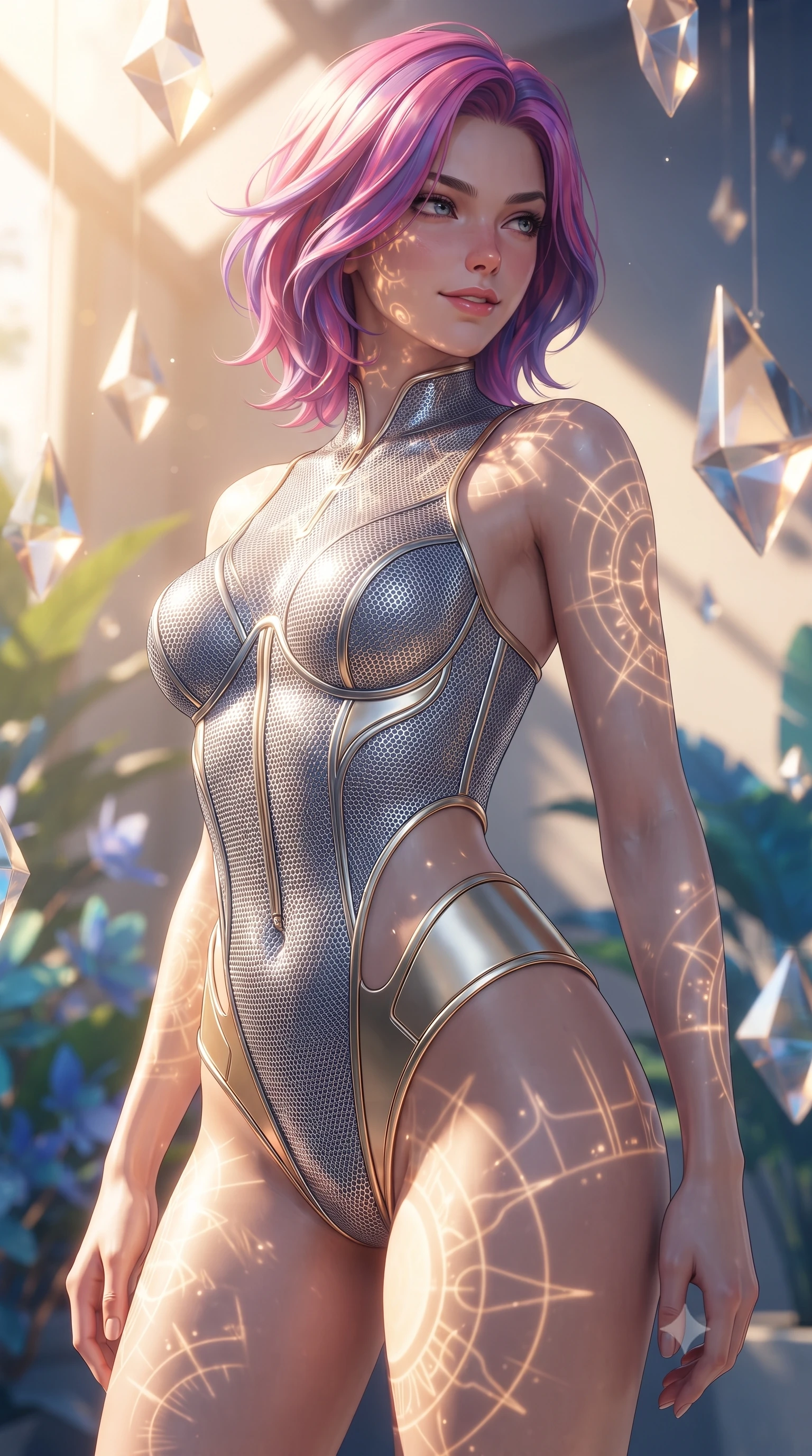 score_9, masterpiece, best quality, ultra-detailed, high-budget anime keyframe, editorial fashion photography, tasteful artistic composition, Caucasian woman. close-up cowboy shot from the waist and thighs up, the character dominates the composition, filling the frame with her large presence, background elements kept in soft focus. Glancing sidelong over her shoulder with a smoldering half-smile, navigating a solarium filled with floating solar crystal prisms, translucent sun-dial markings projected onto her sleek outfit. She has an exceptionally elegant, slender, and willowy female figure with an ultra-slim waist, a gracefully sculpted slender torso, and a refined silhouette. sharp v-shaped jawline, high-bridge nose, intricate jewel-like eyes with depth, thick eyelashes, glossy lips with a natural sheen. wearing sculpted structured cup bodysuit in liquid silver metal-mesh with hip cutouts in champagne gold, made of fine silver contouring mesh, finished with metallic gold boning and sleek zipper points, contouring every curve with an exceptionally elegant silhouette. bathed in warm amber solar light and high-contrast navy shadows. ultra-reflective glossy finish, specular highlights, metallic sheen, high-contrast stereoscopic depth, volumetric dynamic lighting, 2k, ultra detail, master piece, 9:16 ratio