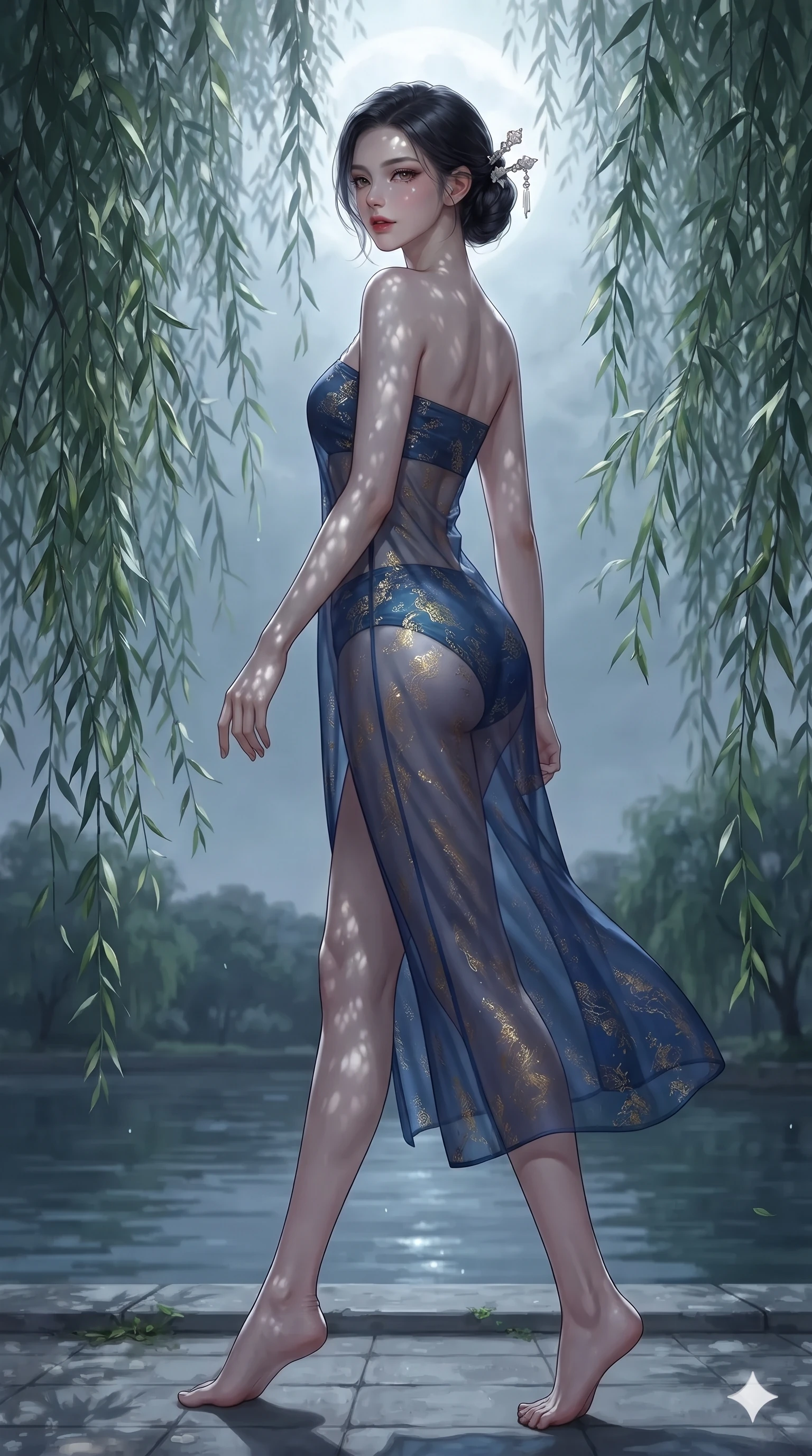 score_9, masterpiece, best quality, ultra-detailed, high-budget anime keyframe, editorial fashion photography, tasteful artistic composition, Korean woman. low angle full-body shot from head to toe showing her feet, filling the entire 9:16 vertical frame with her statuesque presence, stretching her vertical silhouette. walking along the waterfront terrace with poise, looking back over her bare shoulder with an irresistible smoldering bedroom-gaze while walking slowly through the curtain of weeping willow leaves with feline poise, her long slender legs and curvy hips commanding the frame. The surrounding environment is rendered in vivid detail and crisp panoramic clarity: detailed sheer gossamer hanbok blouse tailoring, silk bandeau cling, and natural riparian landscape in razor-sharp clarity. She has an absolutely perfect, statuesque 8.5-heads proportion, an exceptionally tall and slender model-like female figure with impossibly long slender legs, an ultra-slim waist, a flat toned midriff, narrow delicate ribcage, and beautifully sculpted feminine hips creating a graceful, slim hourglass silhouette without any bulky heaviness. sharp v-shaped jawline, high-bridge nose, sparkling eyes with hypnotic seductive depth, thick curled eyelashes, glossy parted lips with a natural dewy peach sheen, alluring bedroom-eyes with an enchanting coquettish smile, exuding magnetic siren charisma and sophisticated glamour, flawlessly proportioned anatomical accuracy, strict slender model proportions, natural body alignment, perfectly sculpted long slender limbs, ultra-slim waistline, clean dynamic posture without body distortion. wearing a delicately layered semi-sheer gossamer nobang hanbok slip dress revealing her sculpted silhouette over an opaque micro-bandeau and briefs in deep ocean cobalt and shimmering gold leaf, made of supple butter-soft lambskin leather with a subtle satin sheen, finished with delicate mother-of-pearl hairpin ornaments glinting in her dark glossy hair, the glove-like clinging cut tightly following the natural contour of her hips and long slender legs with youthful 8.5-heads elegance. bathed in ethereal silver moonlight filtering through weeping willow leaves creating intricate dappled shadow patterns. ultra-reflective glossy finish, specular highlights, rich textural contrasts, high-contrast stereoscopic depth, volumetric dynamic lighting, 2k, ultra detail, master piece, 9:16 ratio