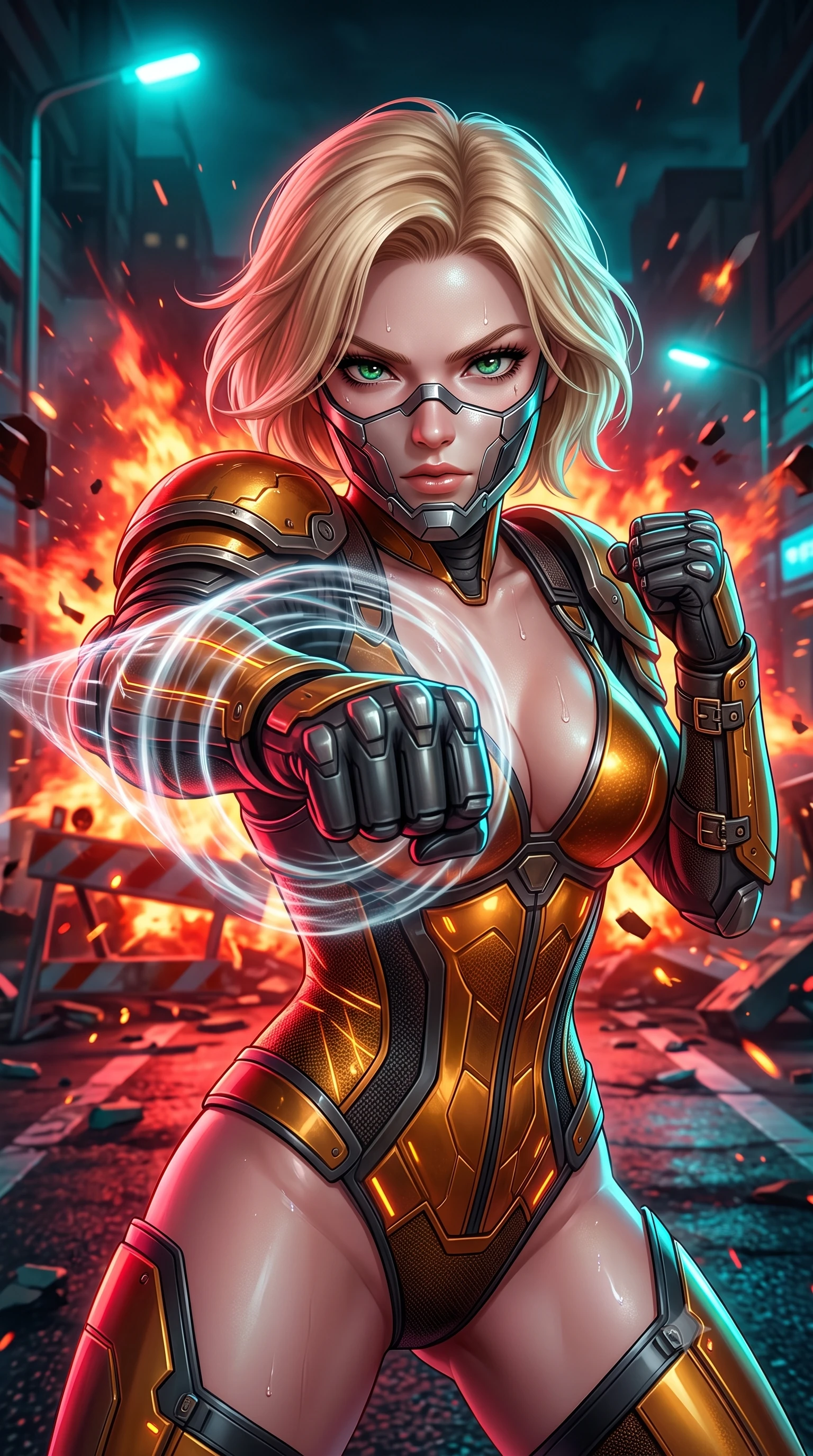 score_9, masterpiece, best quality, ultra-detailed, high-budget anime keyframe, semi-realistic 3D game render, editorial fashion photography, tasteful artistic composition, Caucasian woman. close-up cowboy shot from the waist and thighs up, the character dominates the composition, filling the frame with her large presence. thrusting a high-speed kinetic punch toward the camera, a visible conical shockwave distortion wrapping around her armored forearm while sliding into a low defensive slide beneath an exploding barricade with fists wrapped in kinetic shockwave fields. The surrounding environment is rendered in vivid detail and crisp panoramic clarity. intricate forearm vambrace buckles, sweat beads on collarbones, and glowing laser lines in high clarity. She has an exceptionally elegant, slender, and willowy female figure with an ultra-slim waist, a gracefully sculpted slender torso, toned flat midriff, and a refined slim silhouette. sharp v-shaped jawline, high-bridge nose, intricate jewel-like eyes with depth, thick eyelashes, glossy lips with a natural sheen, fierce and resolute heroine expression, flawlessly proportioned anatomical accuracy, strict slender model proportions, natural body alignment, perfectly sculpted long slender limbs, ultra-slim waistline, clean dynamic posture without body distortion. wearing a sleek titanium half-face combat rebreather guard protecting her lower jaw while leaving her expressive eyes and long hair flowing freely, paired with a statuesque high-fashion cyber-warrior armor suit with platinum bevels, heavy articulated shoulder guards, and an ultra-slim waist-cinching corset in molten amber-gold carbon cuirass with dark gunmetal weave, crafted from semi-translucent cybernetic carbon-vinyl interwoven with glowing micro-filaments, featuring a sleek aerodynamic collar framed by subtle glowing cybernetic status LEDs, the form-contouring material adhering flawlessly to her sculpted flat midriff and slender torso, emphasizing her long leg lines and perfectly proportioned willowy build. bathed in blazing crimson barricade fire glow and high-contrast electric cyan streetlamp rim lights. rich saturated anime colors with glowing neon highlights, detailed shading with soft gradients, rich glossy textures, high-contrast stereoscopic depth, volumetric dynamic lighting, master piece, 9:16 ratio