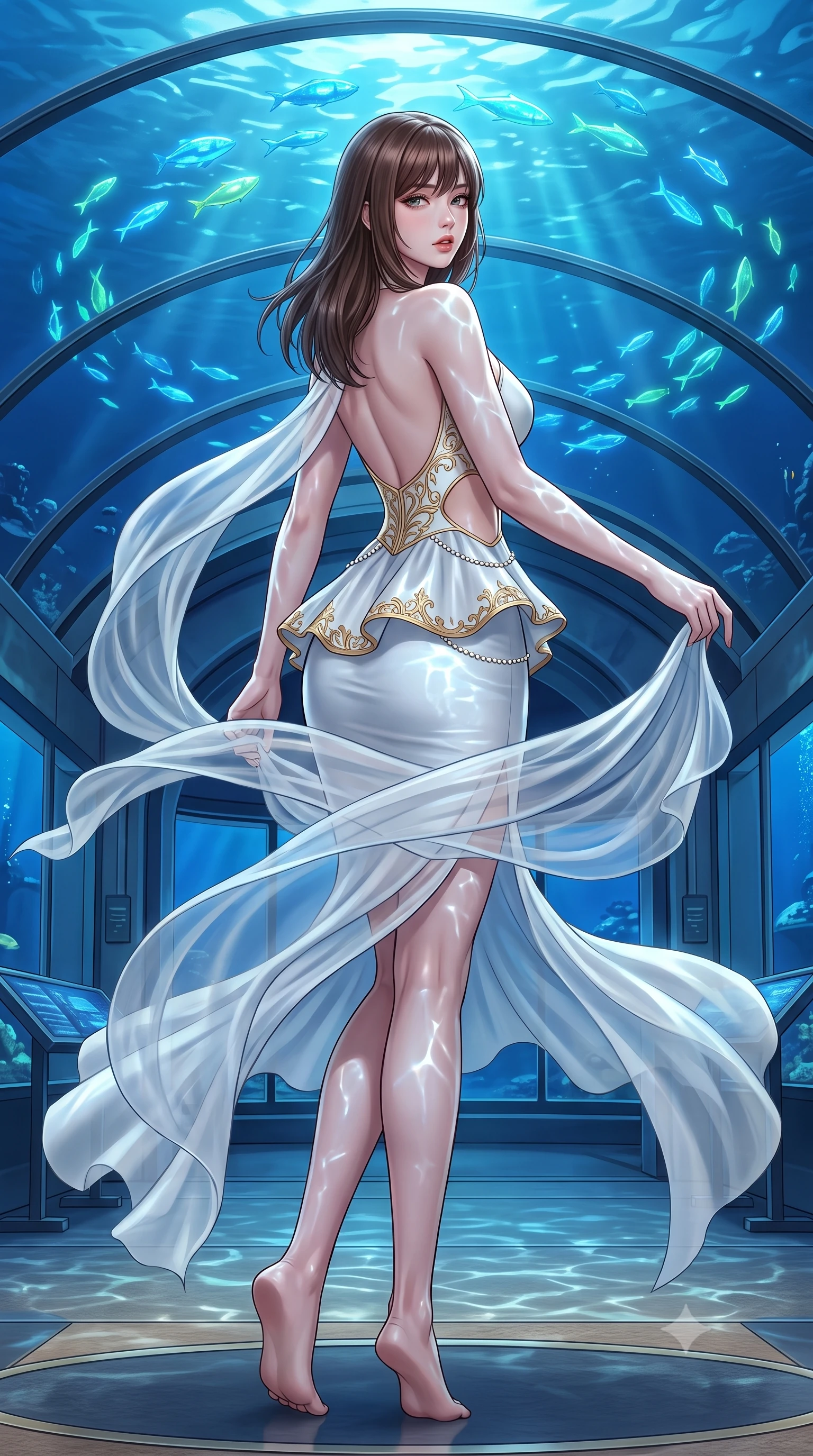 score_9, masterpiece, best quality, ultra-detailed, high-budget anime keyframe, semi-realistic 3D game render, editorial fashion photography, tasteful artistic composition, Korean woman. low angle full-body shot from head to toe showing her feet, filling the entire 9:16 vertical frame with her statuesque presence, stretching her vertical silhouette. executing an elegant mid-motion pivot turn as garments swirl around her slender limbs, glancing over her shoulder with an intoxicating bedroom-gaze while standing on the sleek composite platform beneath a curved transparent acrylic ceiling looking into the deep blue ocean, arching her back as schools of glowing fish glide above. The surrounding environment is rendered in vivid detail and crisp panoramic clarity. detailed wet-look vinyl texture, aquatic light caustics on skin, and submerged underwater structural clarity in high resolution. She has an exceptionally tall and slender model-like 8.5-heads proportion, an ultra-slim waist, a flat toned midriff, narrow delicate ribcage, and beautifully sculpted feminine hips creating a graceful, slim hourglass silhouette without any bulky heaviness, with impossibly long slender legs. sharp v-shaped jawline, high-bridge nose, intricate jewel-like eyes with depth, thick eyelashes, glossy parted lips with a natural sheen, intensely captivating and seductive bedroom-eyes expression, flawlessly proportioned anatomical accuracy, strict slender model proportions, natural body alignment, perfectly sculpted long slender limbs, ultra-slim waistline, clean dynamic posture without body distortion. wearing a modern peplum corset dress with side-waist diamond cutouts and an ultra-tight silhouette in pure alabaster white and sun-kissed gold, woven from layered gossamer chiffon with a weightless sweeping drape, accented with a dainty diamond waist chain catching the ambient light reflections, the dramatically scooped open back descending to the base of her spine, accentuating her razor-sharp statuesque lines and slim hourglass silhouette. illuminated by shimmering water caustic reflections accentuating her sculpted midriff, narrow waist, and curvy hips. highly saturated vibrant anime colors, detailed shading with soft gradients, rich glossy textures, high-contrast stereoscopic depth, volumetric dynamic lighting, master piece, 9:16 ratio