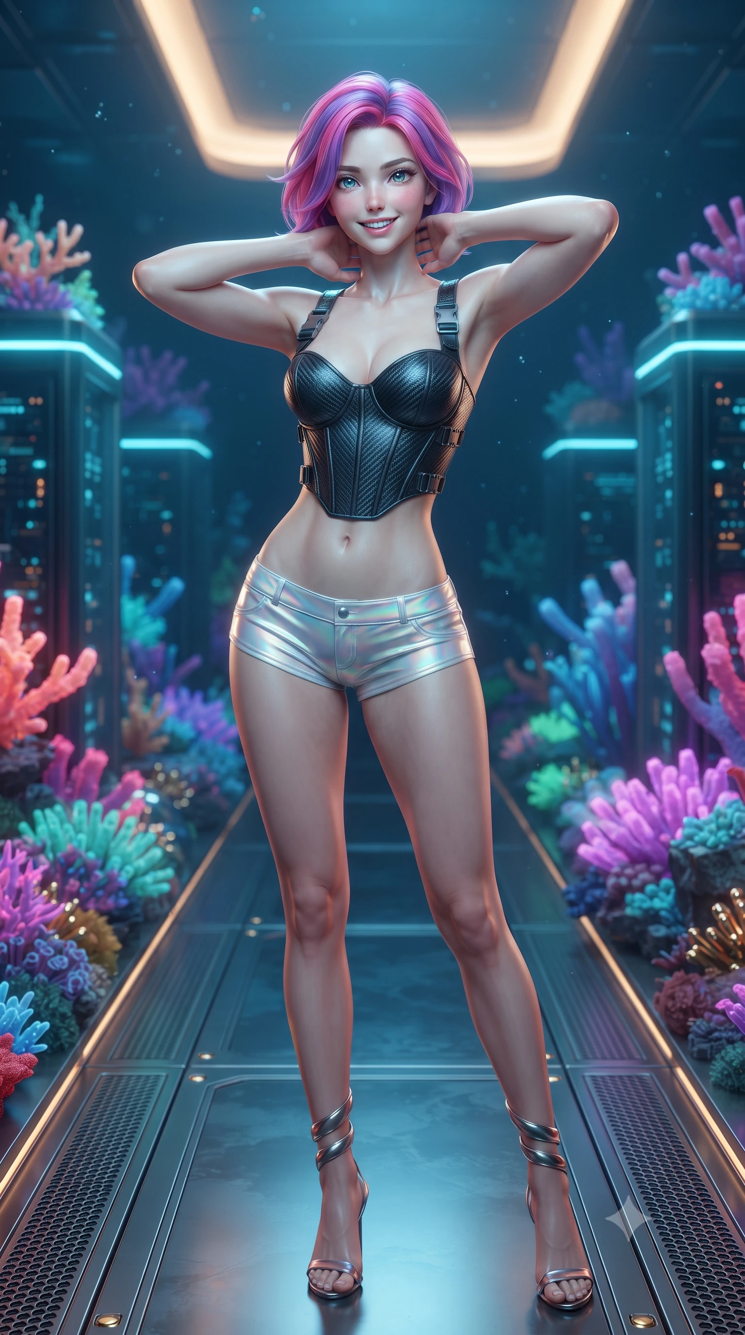 score_9, masterpiece, best quality, ultra-detailed, high-budget anime keyframe, editorial fashion photography, tasteful artistic composition, Caucasian woman. close-up cowboy shot from the waist and thighs up, the character dominates the composition, filling the frame with her large presence. resting both hands lightly behind her neck with elbows raised, arching her spine to highlight her narrow waist, flat midriff, and breathtaking collarbones while standing poised on the underwater titanium walkway where fluorescent neon corals grow over glowing server monoliths, arching her lower back with magnetic siren charisma. The surrounding environment is rendered in vivid detail and crisp panoramic clarity: sharp coral polyp textures, gold-plated server connection pins, and crystal-clear dome acrylic bevels in deep focus. She has an exceptionally elegant, slender, and willowy female figure with an ultra-slim waist, flat toned midriff, narrow ribcage, and sculpted feminine hips creating an alluring, slim hourglass silhouette without bulk. sharp v-shaped jawline, high-bridge nose, intricate jewel-like sparkling eyes with depth, thick eyelashes, glossy parted lips with a natural peach sheen, bright cheerful beaming smile with an enchanting and coquettish sensual glint, exuding both youthful cute charm and seductive allure, flawlessly proportioned anatomical accuracy, strict slender model proportions, natural body alignment, perfectly sculpted long slender limbs, ultra-slim waistline, clean dynamic posture without body distortion. wearing a sculpted carbon-fiber underwire crop corset with tactical buckle straps paired with low-rise micro shorts in iridescent mother-of-pearl and liquid molten silver, crafted from bespoke double-faced cashmere with an exceptionally soft tactile finish, complemented by strappy stiletto sandals with metallic ankle wraps accentuating her slender calves, the high-slit wrap tailoring accentuating her ultra-slim waistline and the enchanting curve of her feminine hips with alluring seductive charm. bathed in the glowing natural fluorescence of deep corals combined with warm 2500K interior recessed cove lighting. ultra-reflective glossy finish, specular highlights, rich textural contrasts, high-contrast stereoscopic depth, volumetric dynamic lighting, 2k, ultra detail, master piece, 9:16 ratio