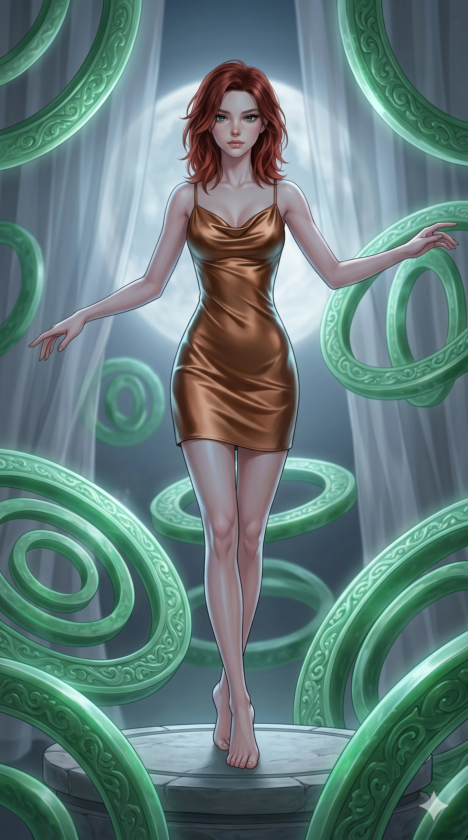 score_9, masterpiece, best quality, ultra-detailed, high-budget anime keyframe, editorial fashion photography, tasteful artistic composition, Korean woman. low angle full-body shot from head to toe showing her feet, filling the entire 9:16 vertical frame with her statuesque presence, stretching her vertical silhouette. Balancing with elegant poise on tiptoe with arms extended on a circular platform surrounded by giant rotating rings of carved jade. She has an absolutely perfect 8-heads proportion, an exceptionally tall and slender female figure with impossibly long slender legs and an ultra-slim waist. V-shaped jawline, high-bridge nose, intricate jewel-like eyes with depth, thick eyelashes, glossy lips with a natural sheen. wearing a bias-cut slip dress in liquid bronze satin with a cowl neckline, thin spaghetti straps, and a form-contouring fit ending at mid-thigh. bathed in cold silver moonlight filtered through translucent gossamer curtains casting soft shadows on her curves. 2k, ultra detail, master piece, 9:16 ratio
