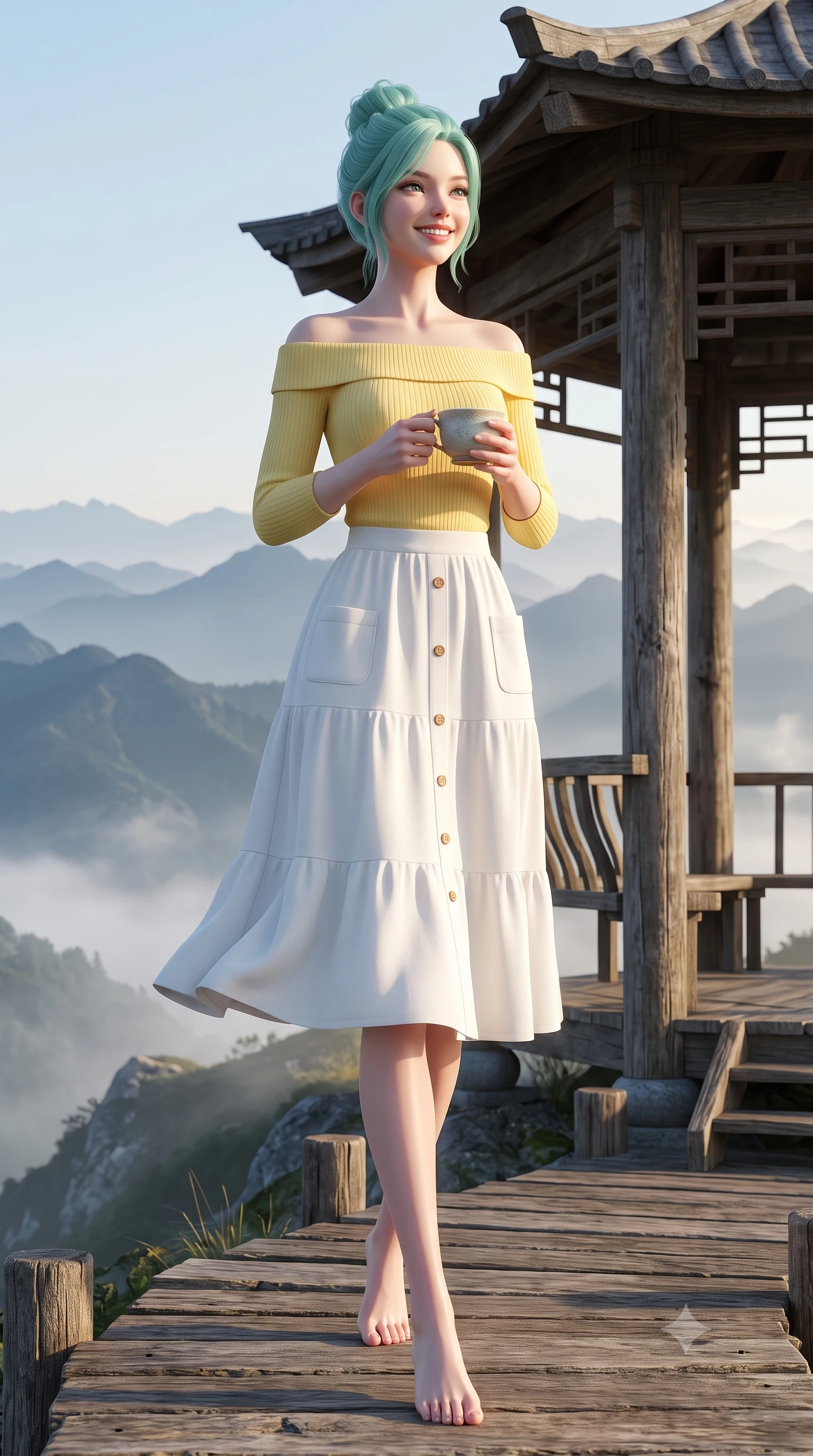 score_9, masterpiece, best quality, ultra-detailed, high-budget anime keyframe, semi-realistic 3D game render, editorial fashion photography, tasteful artistic composition, Japanese woman. low angle full-body shot from head to toe showing her feet, filling the entire 9:16 vertical frame with her statuesque presence, stretching her vertical silhouette. walking forward in a cheerful, dynamic stride with a radiant beaming smile, her statuesque silhouette filling the frame while pausing at a traditional wooden gazebo on a misty ridge, holding a warm porcelain cup with a serene, sweet smile. The surrounding environment is rendered in vivid detail and crisp panoramic clarity. layered mountain silhouettes, rustic wooden gazebo details, and clear dawn skies in panoramic clarity. She has an absolutely perfect, statuesque 8.5-heads proportion, an exceptionally tall and slender model-like female figure with impossibly long slender legs, a toned flat midriff, and an ultra-slim waist. sharp v-shaped jawline, high-bridge nose, intricate jewel-like eyes with depth, thick eyelashes, glossy lips with a natural sheen, pure and lovely fresh girlhood expression, flawlessly proportioned anatomical accuracy, strict slender model proportions, natural body alignment, perfectly sculpted long slender limbs, ultra-slim waistline, clean dynamic posture without body distortion. wearing a fresh off-shoulder ribbed knit top paired with a tiered white cotton midi skirt in fresh buttercup yellow and clean cream white, tailored from soft pastel lightweight wool blend with subtle texture, finished with neat natural wooden buttons and patch pocket details, the soft airy drape swaying gracefully with her dynamic movements, emphasizing her tall willowy build and slim waistline. surrounded by a peaceful, pristine, and deeply refreshing morning goddess aura. highly saturated vibrant anime colors, detailed shading with soft gradients, rich glossy textures, high-contrast stereoscopic depth, volumetric dynamic lighting, master piece, 9:16 ratio