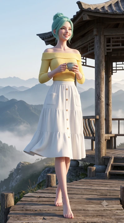score_9, masterpiece, best quality, ultra-detailed, high-budget anime keyframe, semi-realistic 3D game render, editorial fashion photography, tasteful artistic composition, Japanese woman. low angle full-body shot from head to toe showing her feet, f