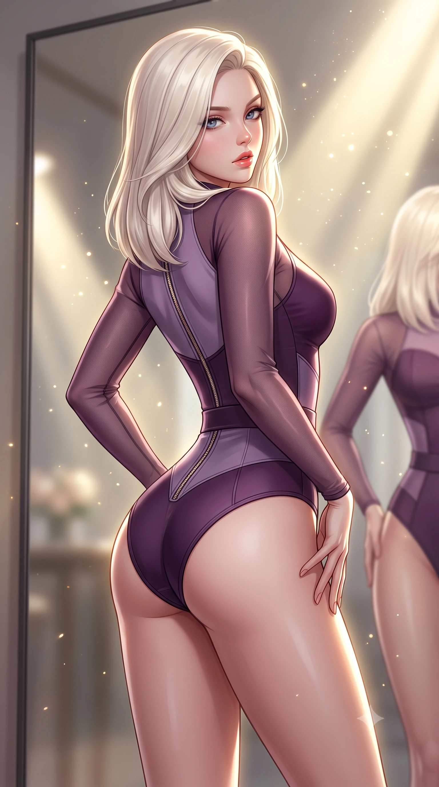 score_9, masterpiece, best quality, ultra-detailed, high-budget anime keyframe, semi-realistic 3D game render, editorial fashion photography, tasteful artistic composition, Caucasian woman. close-up cowboy shot from the waist and thighs up, the character dominates the composition, filling the frame with her large presence. arching her spine backward with effortless dancer poise, one hand sliding along her hip line as directional light carves specular highlights along her silhouette while standing with her back to the floor-to-ceiling mirror, looking over her bare shoulder with hips cocked dramatically in an alluring high-fashion stance. The composition keeps background elements in soft focus with creamy bokeh. floating micro-chalk particles and spotlight beams scattering luminous golden light motes. She has an exceptionally elegant, slender, and willowy female figure with an ultra-slim waist, a gracefully sculpted slender torso, toned flat midriff, and rounded feminine hips creating an alluring hourglass silhouette. sharp v-shaped jawline, high-bridge nose, intricate jewel-like eyes with depth, thick eyelashes, glossy parted lips with a natural sheen, intensely captivating and seductive bedroom-eyes expression, flawlessly proportioned anatomical accuracy, strict slender model proportions, natural body alignment, perfectly sculpted long slender limbs, ultra-slim waistline, clean dynamic posture without body distortion. wearing a layered dance bodysuit with sheer mesh sleeves and form-fitting hip-cinching belt in deep plum violet and dusky lavender, made of seamless compression knit with anatomical body-contouring support, finished with metallic zipper detailing along the spine and hips, the glove-like aerodynamic silhouette tightly following the natural contour of her hips and long slender legs with statuesque precision. illuminated by crisp specular rim lights accentuating her narrow waist, curved hips, and long legs. highly saturated vibrant anime colors, detailed shading with soft gradients, rich glossy textures, high-contrast stereoscopic depth, volumetric dynamic lighting, master piece, 9:16 ratio