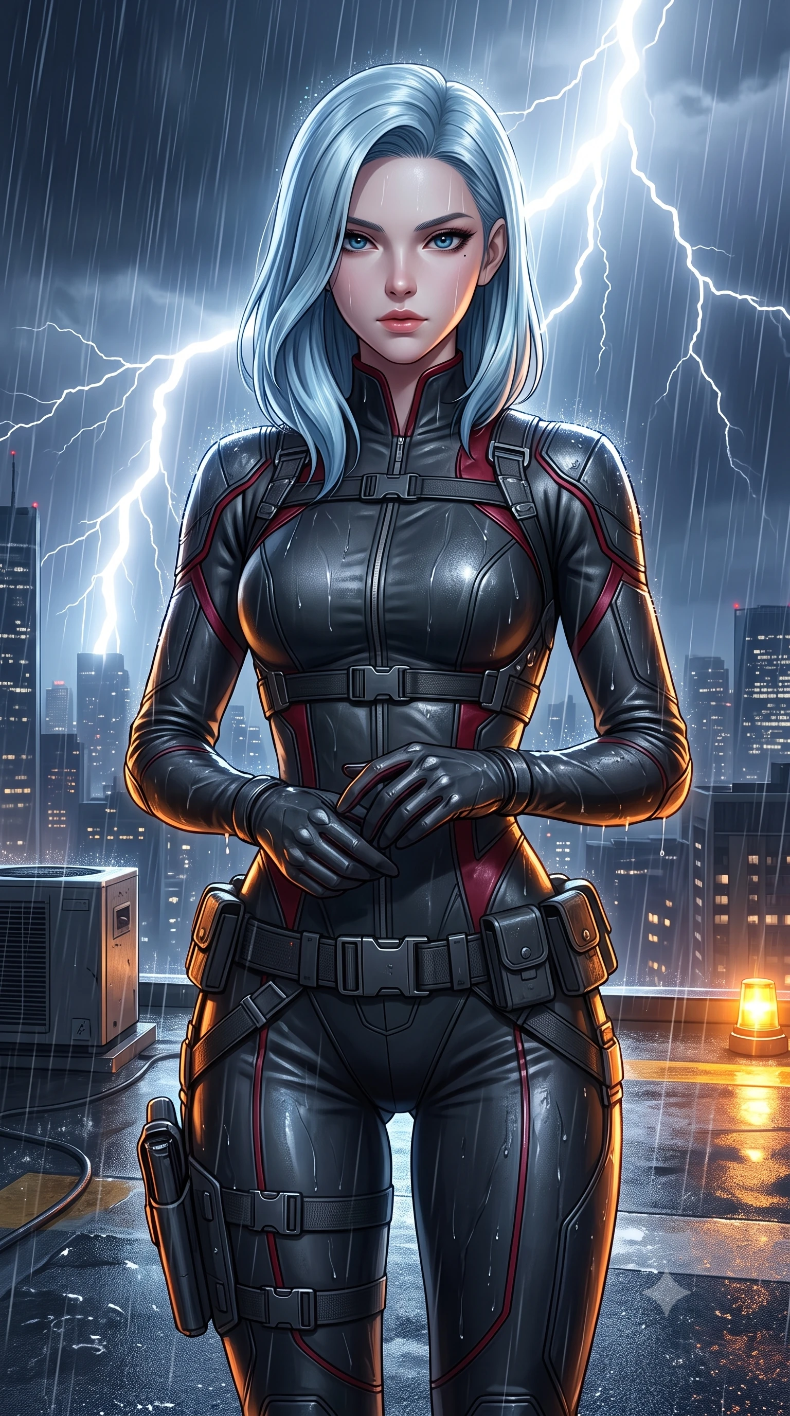 score_9, masterpiece, best quality, ultra-detailed, high-budget anime keyframe, semi-realistic 3D game render, editorial fashion photography, tasteful artistic composition, Korean woman. close-up cowboy shot from the waist and thighs up, the character dominates the composition, filling the frame with her large presence. holding her hands loosely in front with regal, aristocratic poise, radiating an overwhelming high-society aura while infiltrating a torrential midnight rooftop helipad 80 stories high as lightning flashes illuminate her wet tactical trench coat. The surrounding environment is rendered in vivid detail and crisp panoramic clarity. intense neo-noir chiaroscuro and atmospheric rain-soaked metropolis action aesthetics rendered with precision. She has an exceptionally elegant, slender, and willowy female figure with an ultra-slim waist, a gracefully sculpted slender torso, toned flat midriff, and a refined slim silhouette. sharp v-shaped jawline, high-bridge nose, intricate jewel-like eyes with depth, thick eyelashes, glossy lips with a natural sheen, captivating and magnetic expression, flawlessly proportioned anatomical accuracy, strict slender model proportions, natural body alignment, perfectly sculpted long slender limbs, ultra-slim waistline, clean dynamic posture without body distortion. wearing a high-tech surveillance operative suit with flexible titanium joints and waist-cinching harness in matte graphite and blood-crimson accents, tailored from second-skin supple lambskin leather with liquid drape, equipped with a grappling cable spool mechanism and tactical waist belt, the glove-like aerodynamic second-skin fit tightly clinging to her ultra-slender waist and athletic curves without adding bulk, accentuating her razor-sharp statuesque lines and slim hourglass silhouette. bathed in blinding white storm lightning flash backlighting and warm amber perimeter beacon fill. highly saturated vibrant anime colors, detailed shading with soft gradients, rich glossy textures, high-contrast stereoscopic depth, volumetric dynamic lighting, master piece, 9:16 ratio