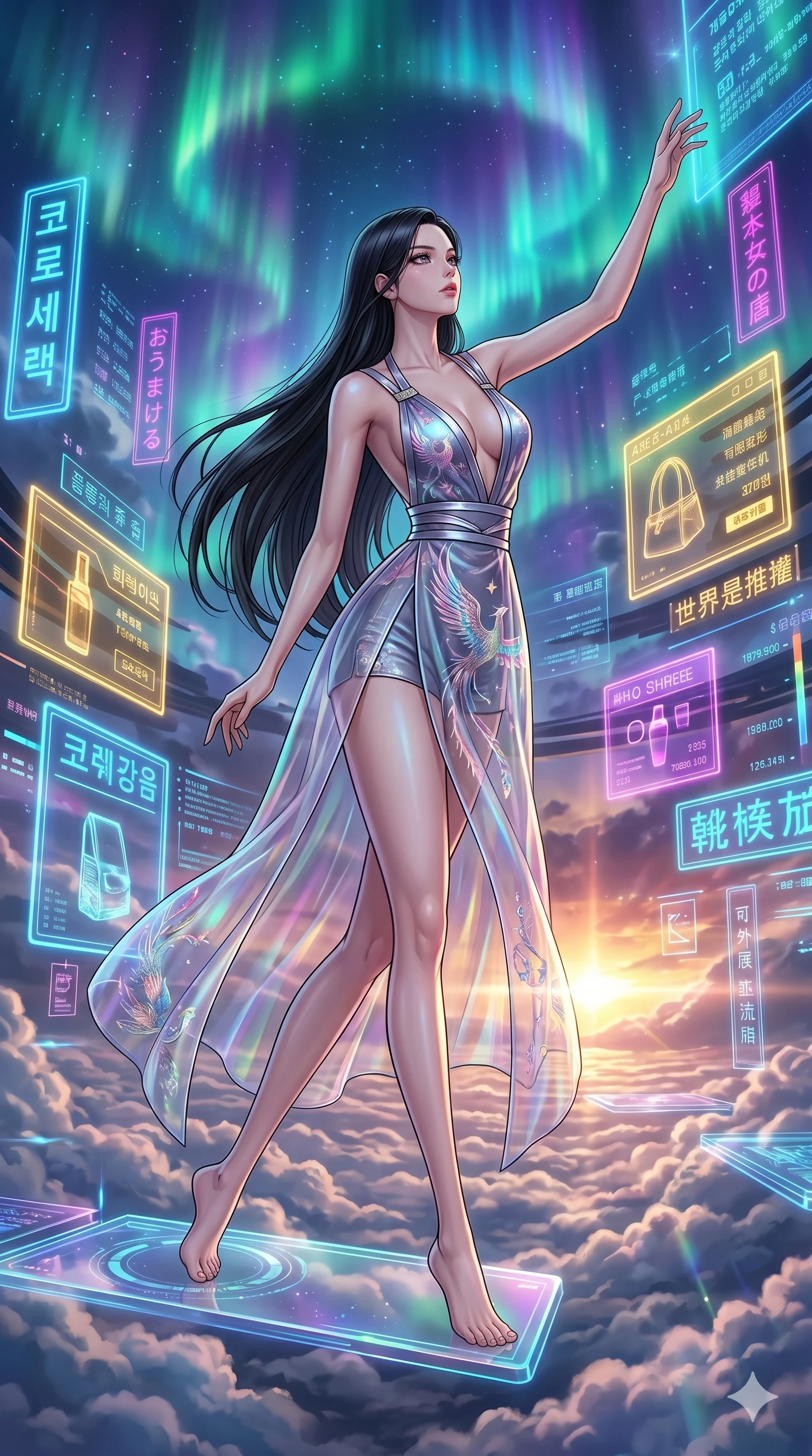 score_9, masterpiece, best quality, ultra-detailed, high-budget anime movie keyframe, cinematic anime lighting, intricate line art, Caucasian (strictly human ears) woman. Dynamic full-body shot stretching the vertical silhouette across the 9:16 frame. navigating a sea of clouds in a holographic shopping mall amidst aurora borealis. She has an absolutely perfect 8-heads proportion, an exceptionally tall and slender female figure with an ultra-slim waist and impossibly long slender legs. sharp v-shaped jawline, high-bridge nose, intricate jewel-like eyes, thick eyelashes, glossy lips. Wearing modernized deep-plunging silk hanbok-fusion with metallic straps, a high-slit sheer skirt over micro-shorts, and holographic embroidered patterns. The scene is illuminated by dramatic atmospheric lighting and vibrant color palettes. , 2k, ultra detail, master piece, 9:16 ratio