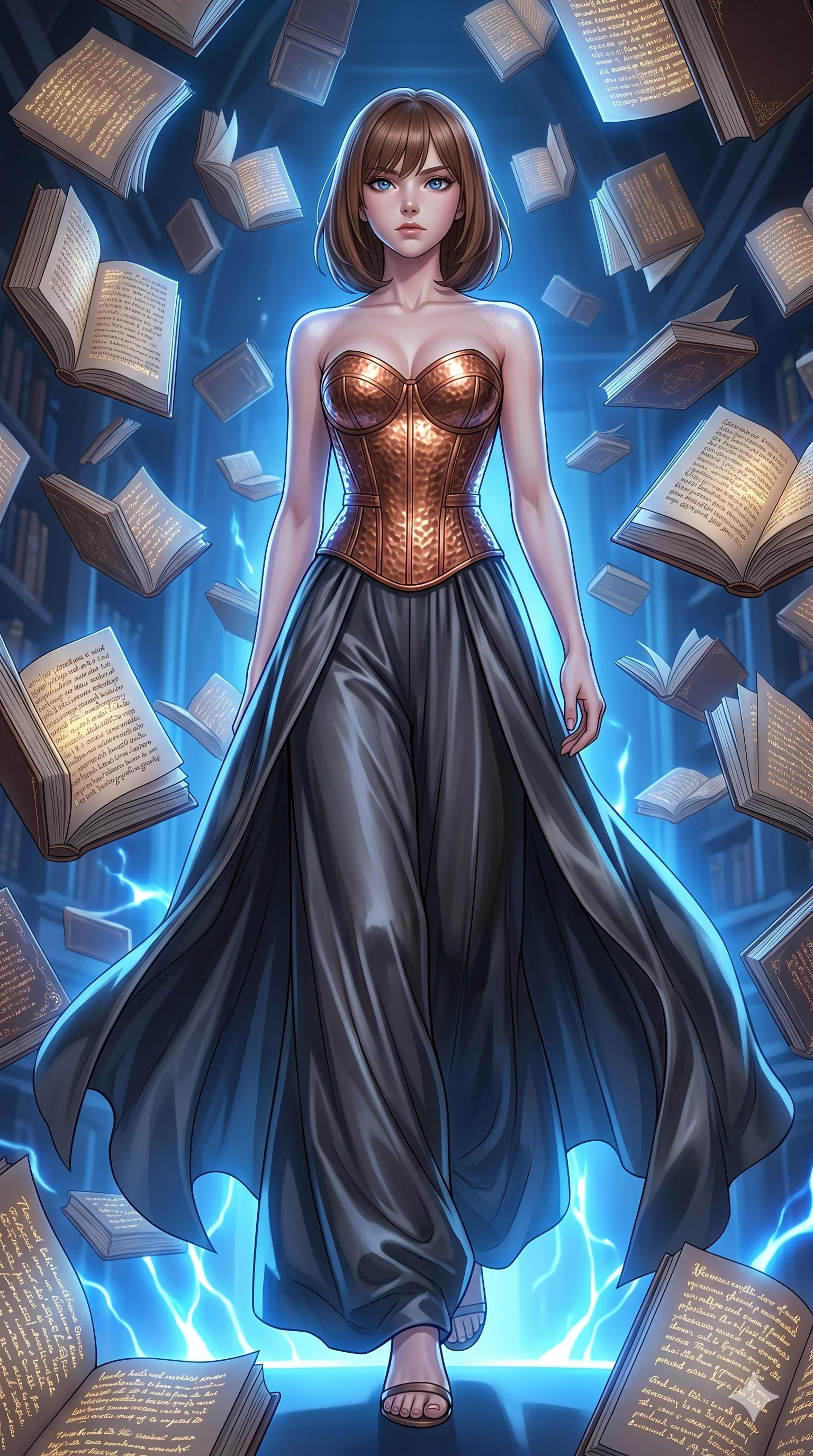 score_9, masterpiece, best quality, ultra-detailed, high-budget anime keyframe, editorial fashion photography, tasteful artistic composition, Caucasian woman, strictly human ears. low angle full-body shot from head to toe showing her feet, filling the entire 9:16 vertical frame with her statuesque presence, stretching her vertical silhouette. Striding confidently forward with elongated powerful stride within a chamber of floating books whose pages are written in glowing golden ink. She has an absolutely perfect 8-heads proportion, an exceptionally tall and slender female figure with impossibly long slender legs and an ultra-slim waist. V-shaped jawline, high-bridge nose, intricate jewel-like eyes with depth, thick eyelashes, glossy lips with a natural sheen. wearing a structured bustier in hammered copper-plate fabric, paired with flowing wide-leg palazzo trousers in charcoal silk satin. highlighted by pulsing electric blue plasma arc lighting from below, casting dramatic upward shadows. 2k, ultra detail, master piece, 9:16 ratio