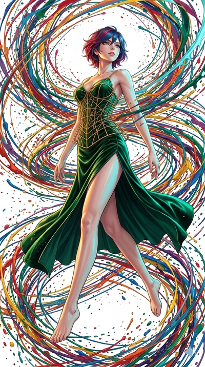 score_9, masterpiece, best quality, ultra-detailed, high-budget anime keyframe, Japanese woman. low angle full-body shot filling the entire 9:16 frame with her statuesque presence, stretching the vertical silhouette. leaping into a vorticist paint sp