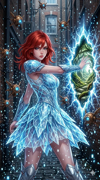 score_9, masterpiece, best quality, ultra-detailed, Set A: High-budget Anime Keyframe, Japanese woman. Upper body close-up from the thighs up, character filling the screen for maximum presence. Theme: Primal Nature. shattering the fabric of reality i