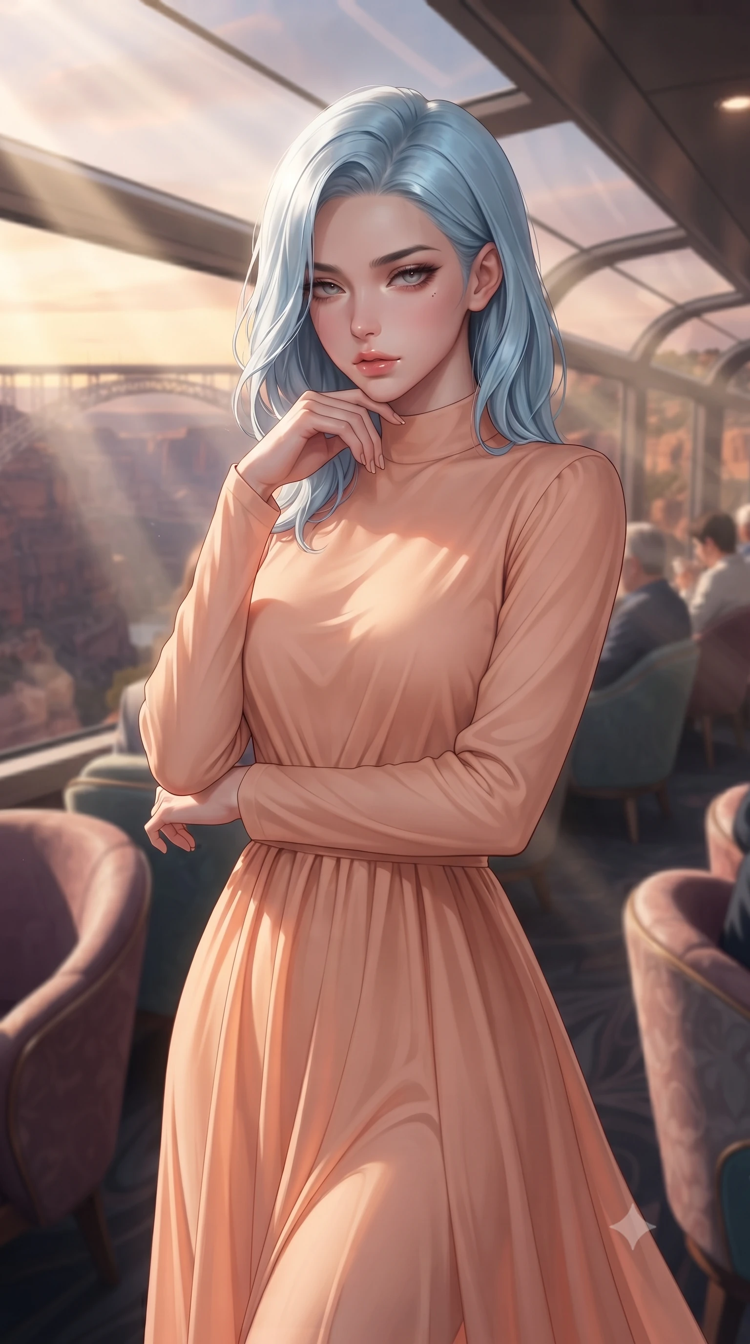score_9, masterpiece, best quality, ultra-detailed, high-budget anime keyframe, editorial fashion photography, tasteful artistic composition, Korean woman. close-up cowboy shot from the waist and thighs up, the character dominates the composition, filling the frame with her large presence, background elements kept in soft focus. resting her chin on the backs of her fingers, casting a heavy-lidded, sultry look past the camera the background shows a soft-focus the upper deck lounge of a double-decker scenic train crossing a canyon bridge. She has an exceptionally elegant, slender, and willowy female figure with an ultra-slim waist, a gracefully sculpted slender torso, and a refined silhouette. sharp v-shaped jawline, high-bridge nose, intricate jewel-like eyes with depth, thick eyelashes, glossy lips with a natural sheen. wearing a form-contouring flowy peach-colored chiffon lounge gown with long sleeves and a modest high collar. volumetric sunbeams slicing through the glass panels, creating dramatic light rays. ultra-reflective glossy finish, specular highlights, metallic sheen, high-contrast stereoscopic depth, volumetric dynamic lighting, 2k, ultra detail, master piece, 9:16 ratio